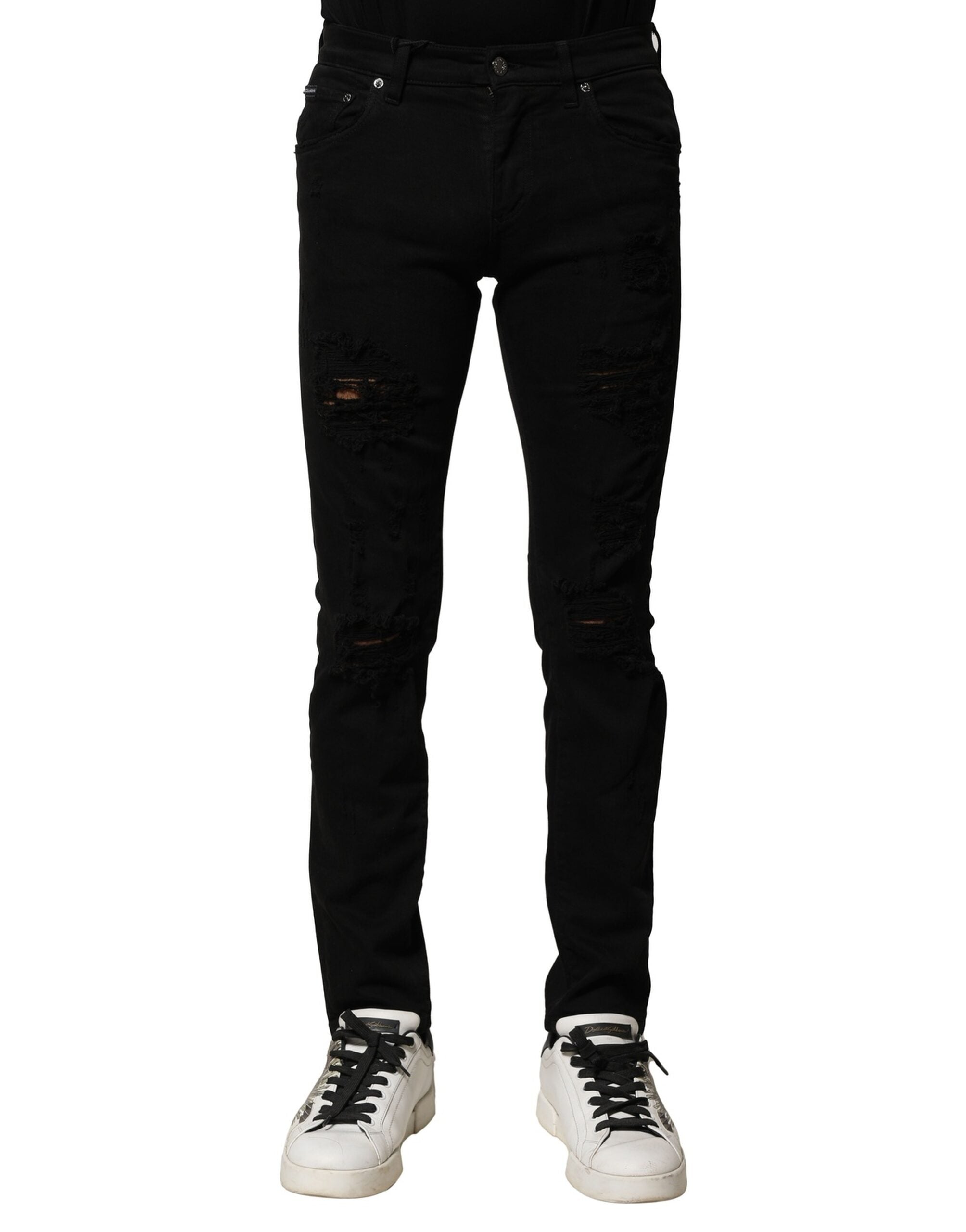 Jean slim en coton noir avec plaque logo Dolce &amp; Gabbana