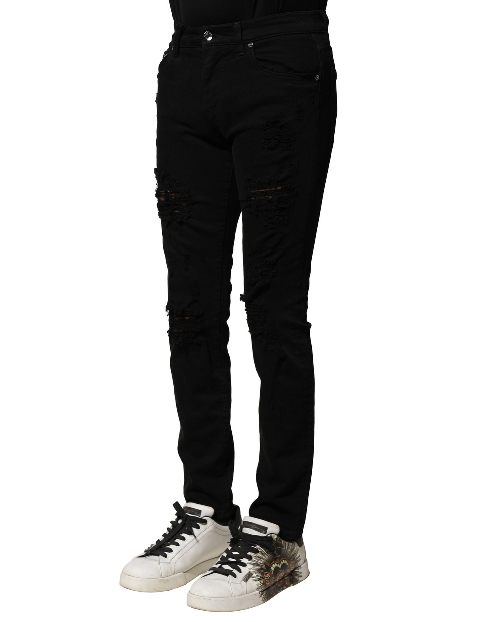 Jean slim en coton noir avec plaque logo Dolce &amp; Gabbana