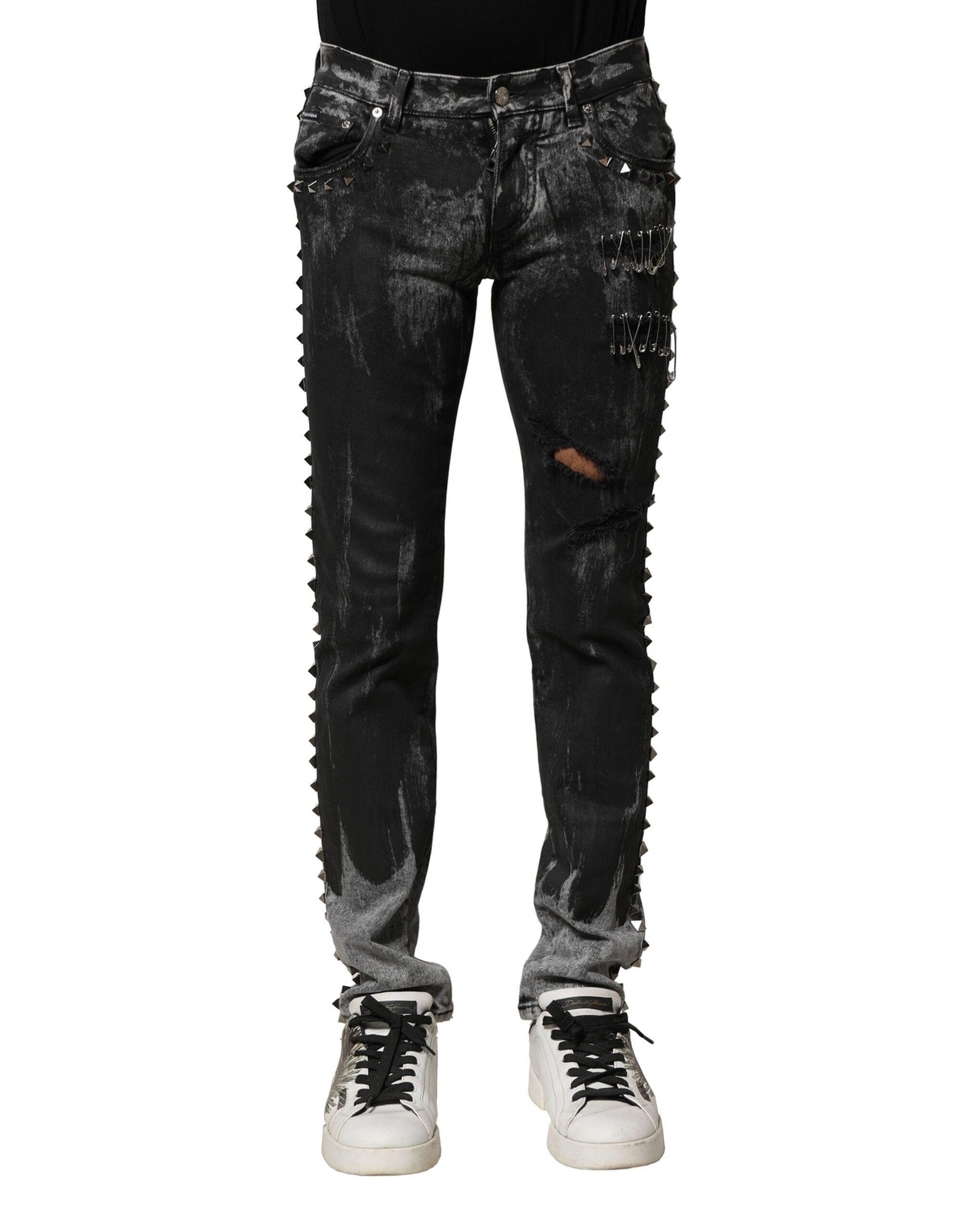 Jean skinny noir délavé à ornements Dolce &amp; Gabbana