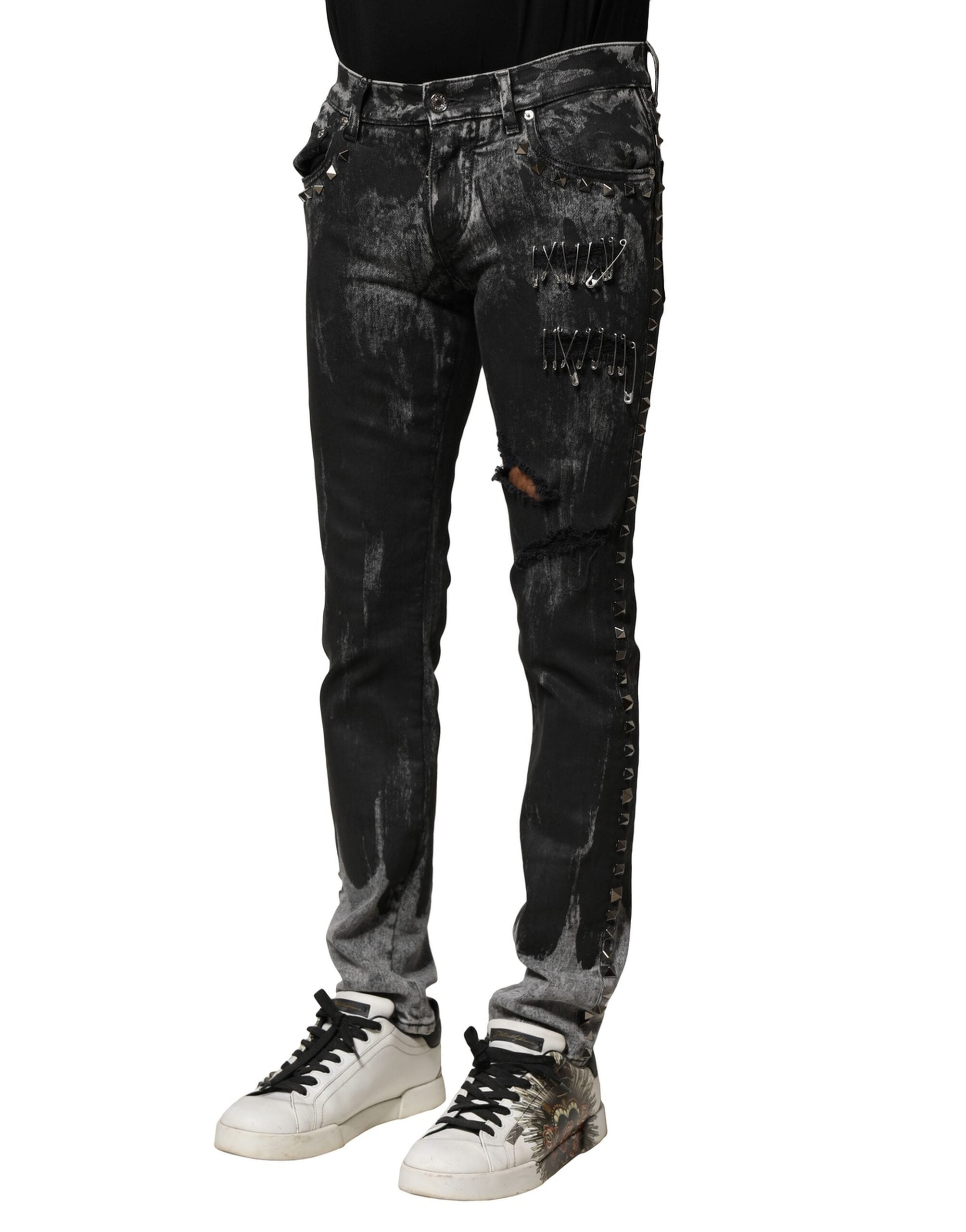 Jean skinny noir délavé à ornements Dolce &amp; Gabbana