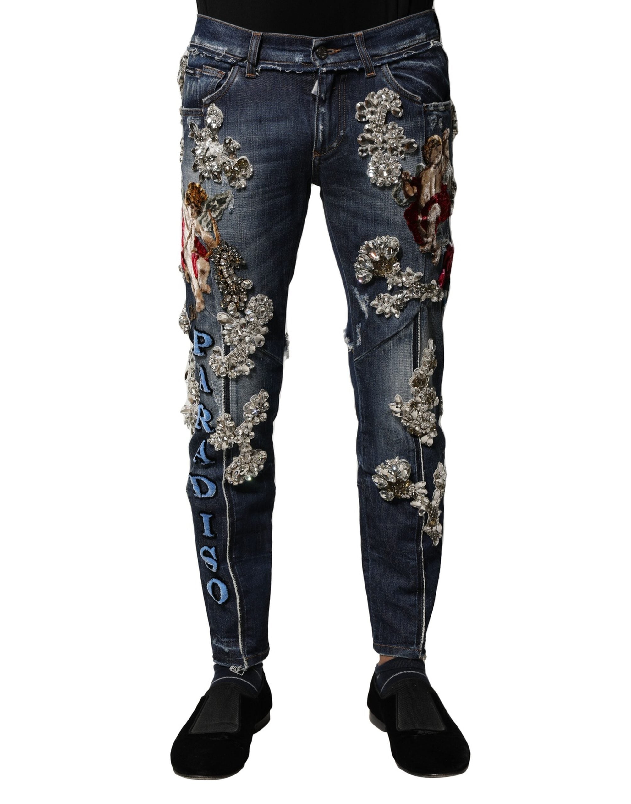 Jean en denim bleu orné de strass Dolce &amp; Gabbana