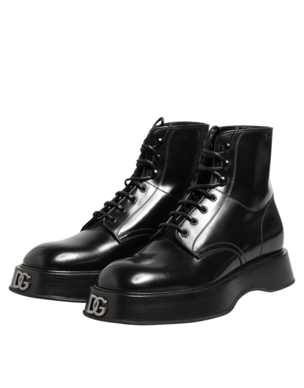 Dolce &amp; Gabbana – Schwarze Stiefeletten aus Leder mit Logo und Schnürung