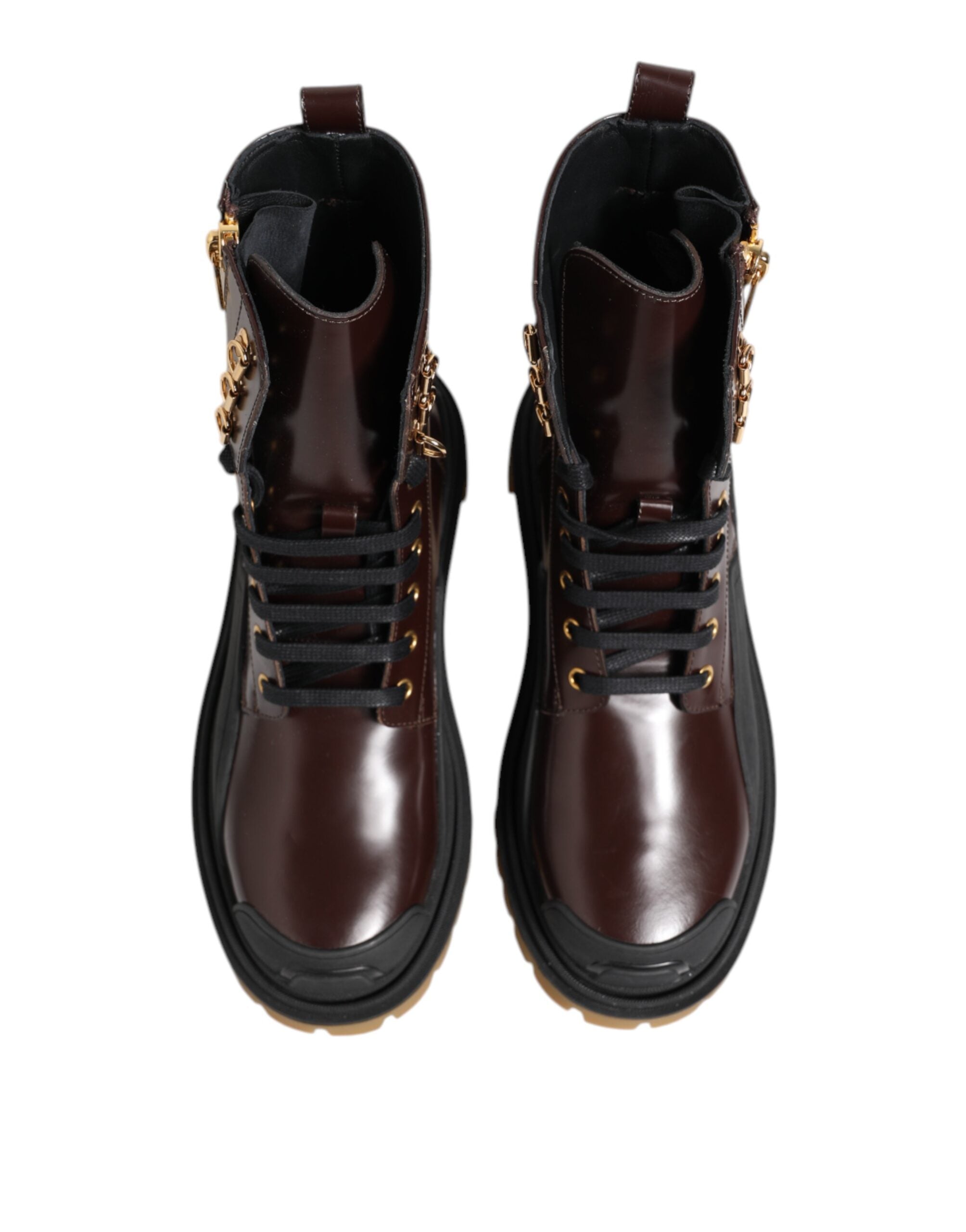Dolce &amp; Gabbana Braune schwarze Lederstiefel mit Reißverschluss und Schnürschuhen