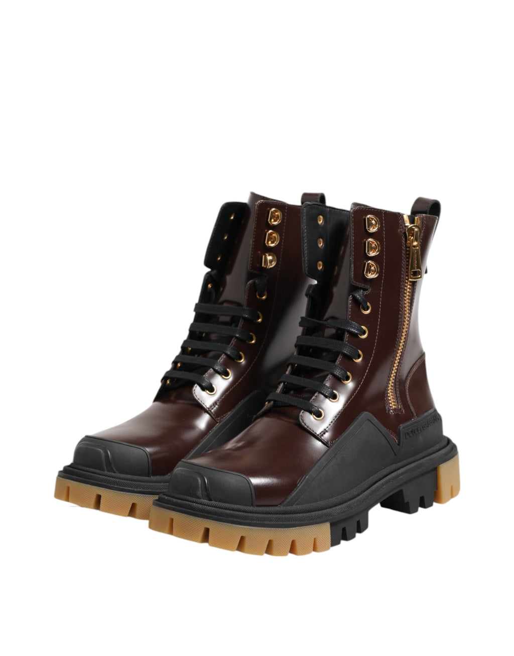 Dolce &amp; Gabbana Braune schwarze Lederstiefel mit Reißverschluss und Schnürschuhen