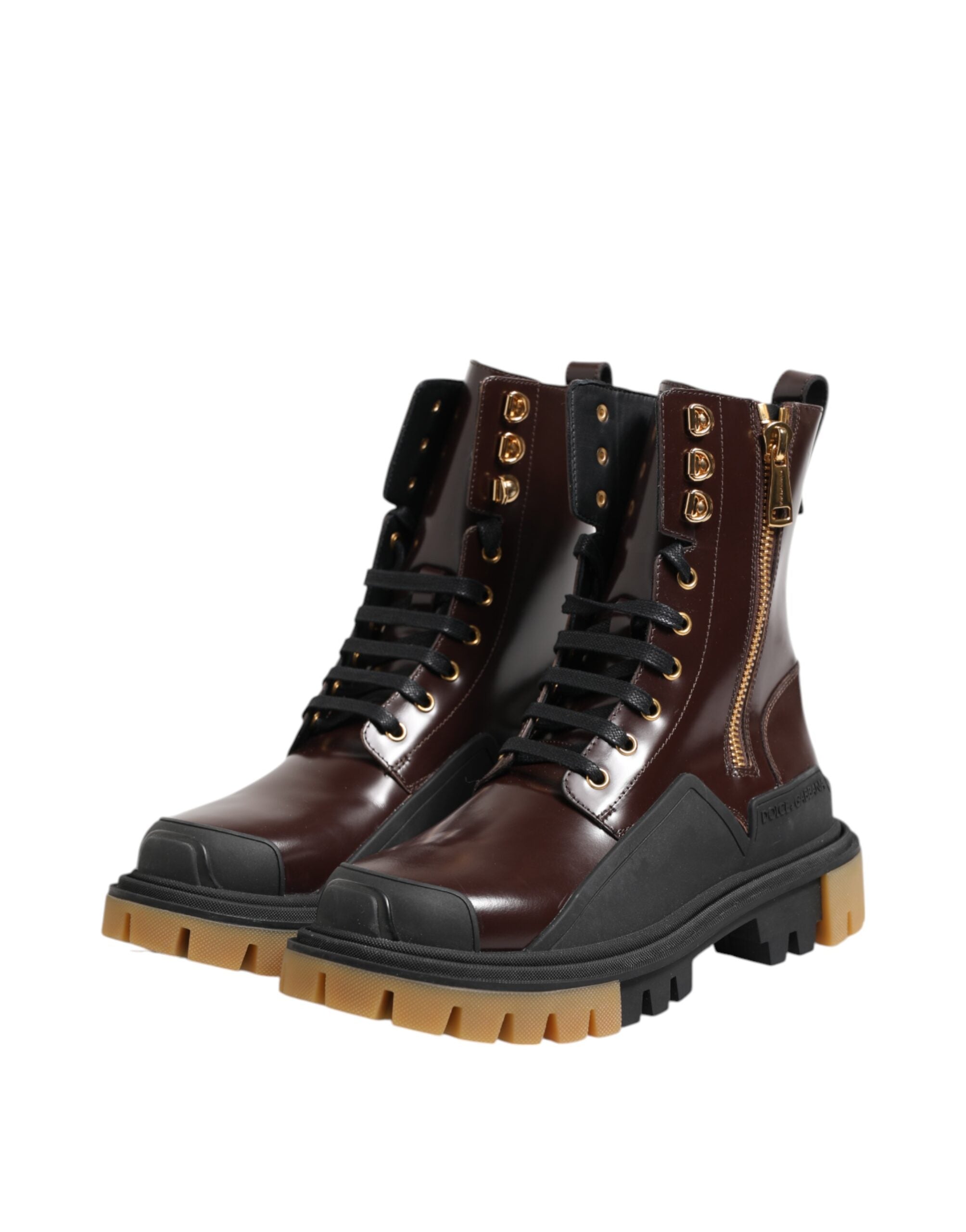 Dolce &amp; Gabbana Braune schwarze Lederstiefel mit Reißverschluss und Schnürschuhen