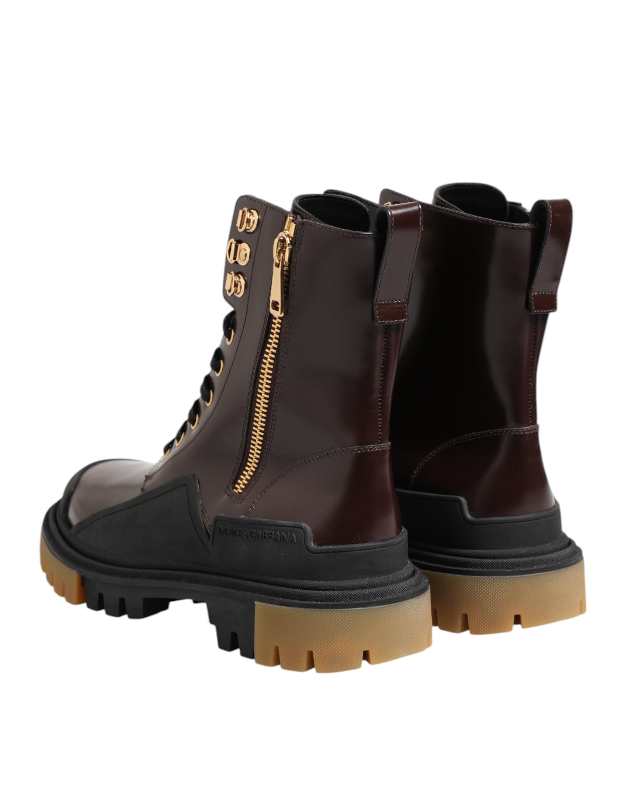 Dolce &amp; Gabbana Braune schwarze Lederstiefel mit Reißverschluss und Schnürschuhen