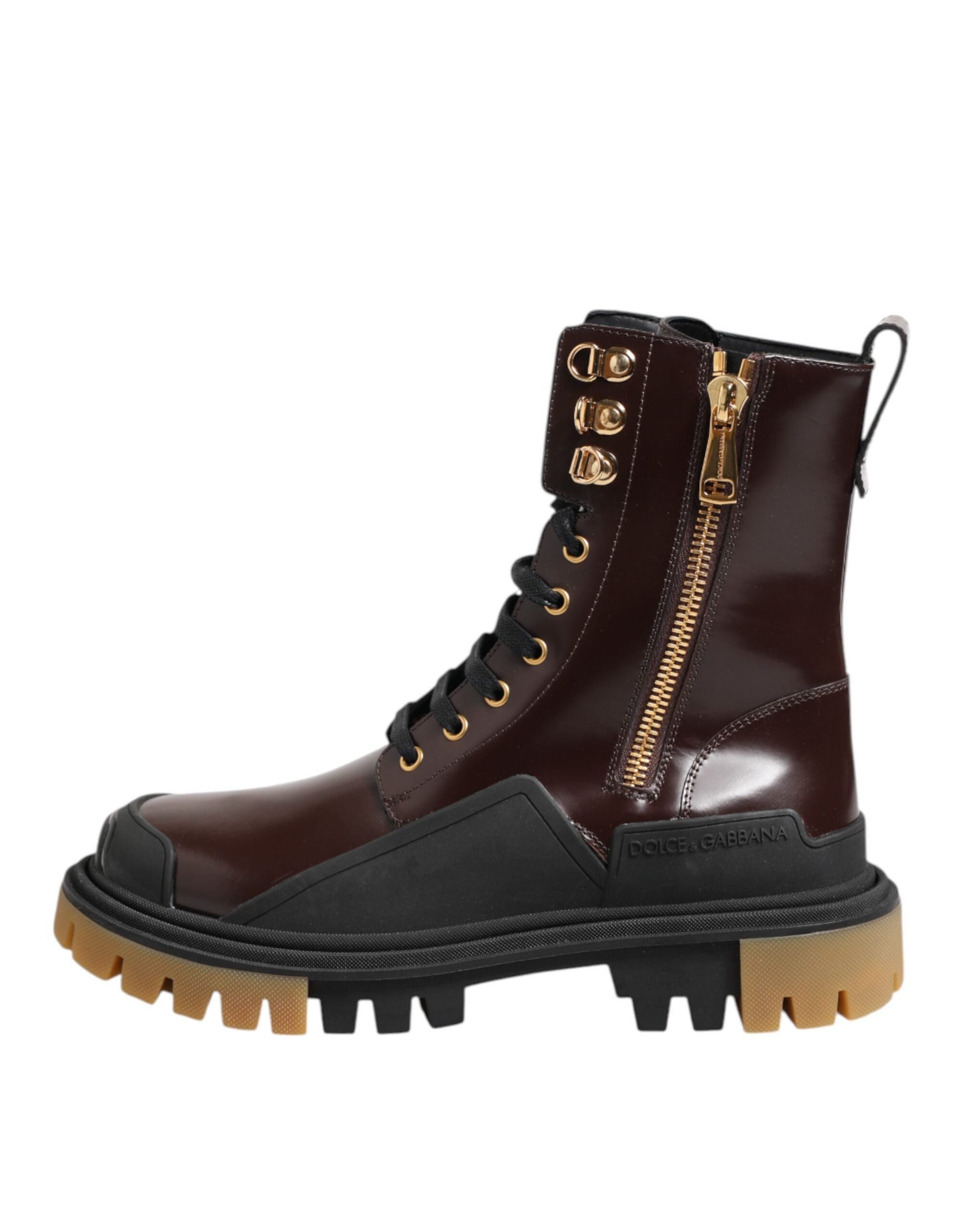Dolce &amp; Gabbana Braune schwarze Lederstiefel mit Reißverschluss und Schnürschuhen