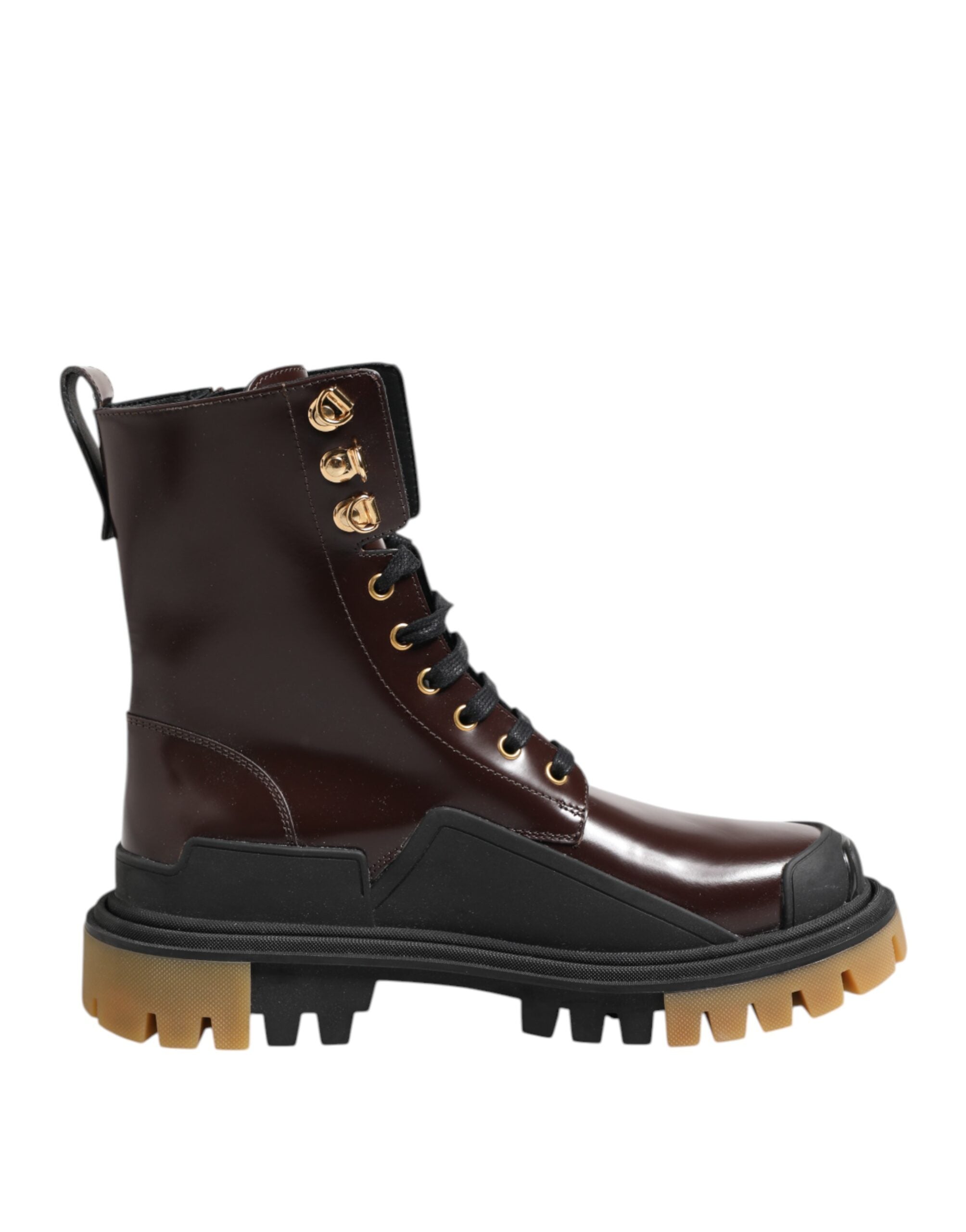 Dolce &amp; Gabbana Braune schwarze Lederstiefel mit Reißverschluss und Schnürschuhen