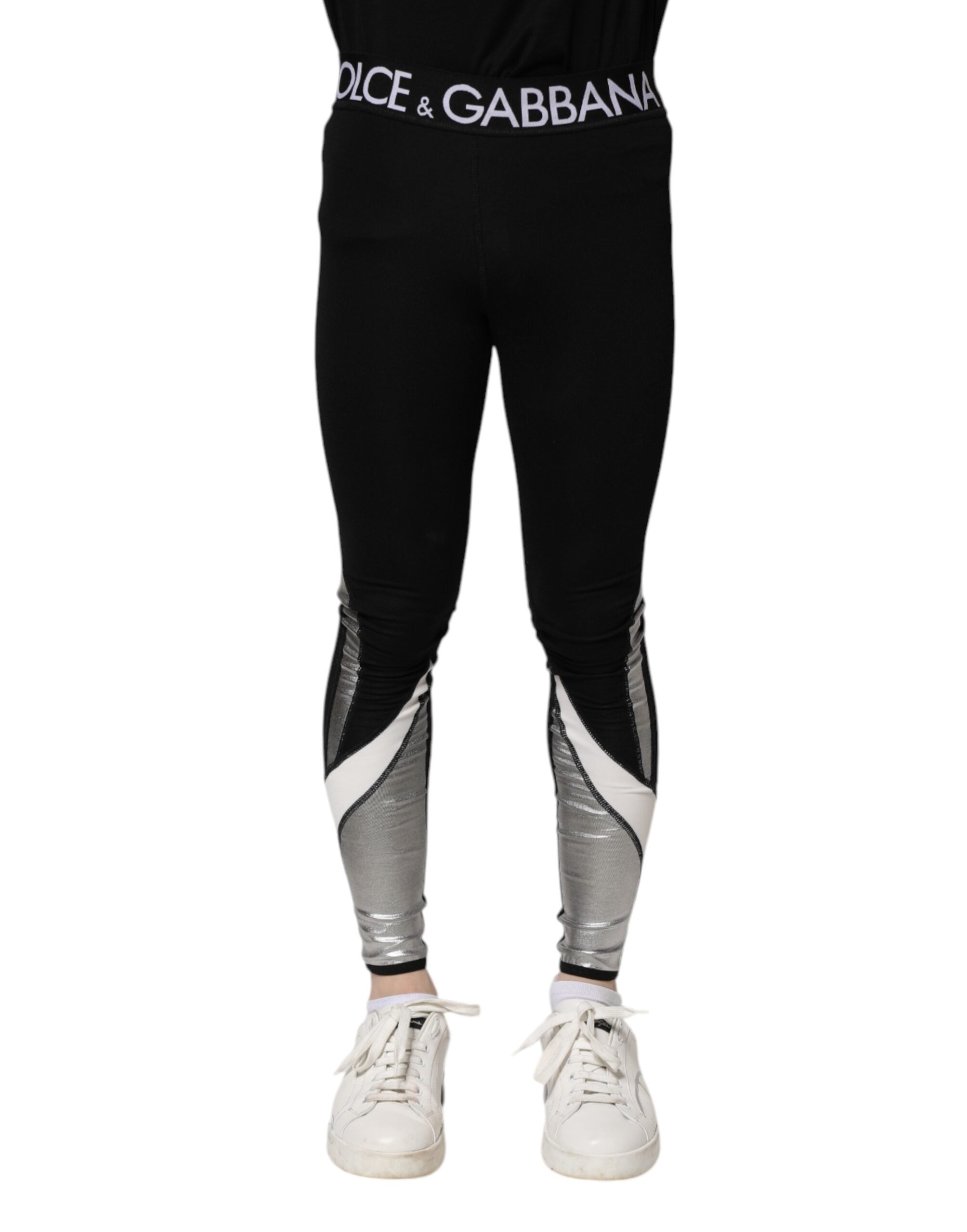 Pantalon legging skinny en nylon noir argenté Dolce &amp; Gabbana pour homme