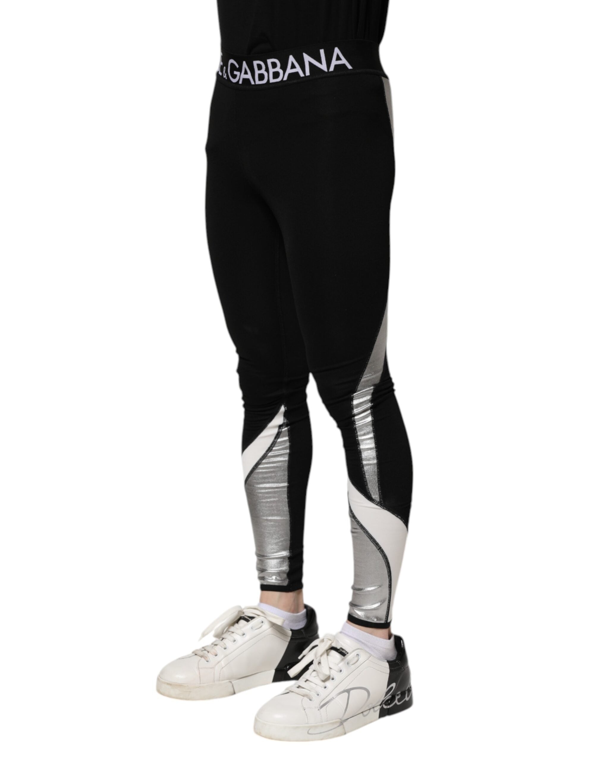 Pantalon legging skinny en nylon noir argenté Dolce &amp; Gabbana pour homme