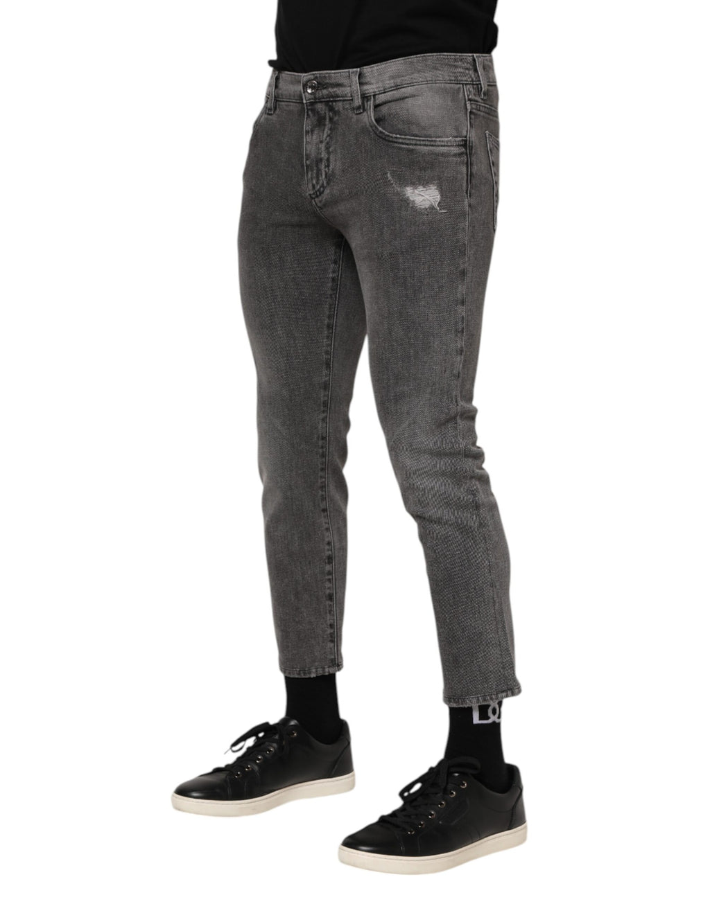 Jean en denim gris avec plaque logo Dolce &amp; Gabbana pour homme