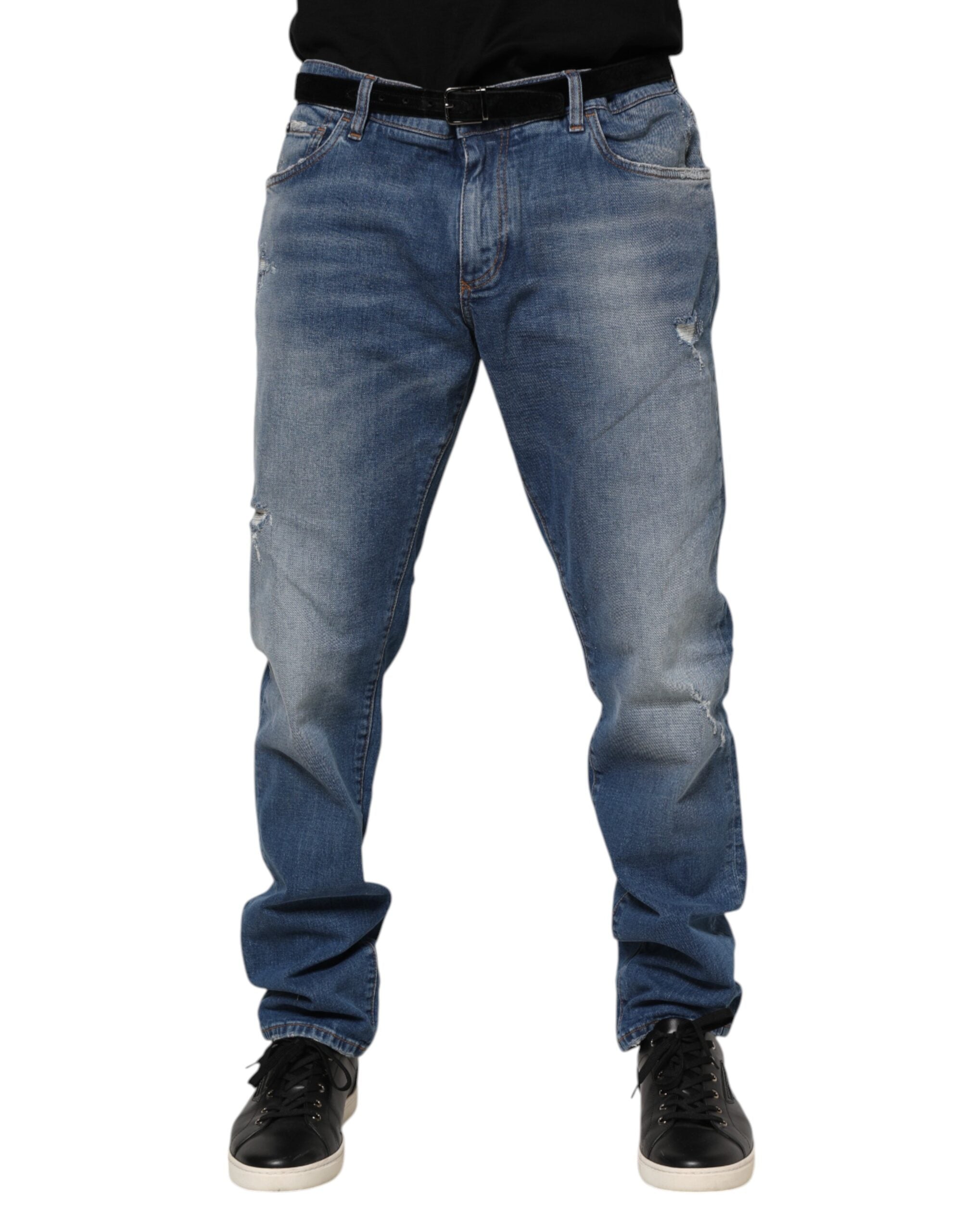 Jean en denim bleu délavé avec plaque logo Dolce &amp; Gabbana