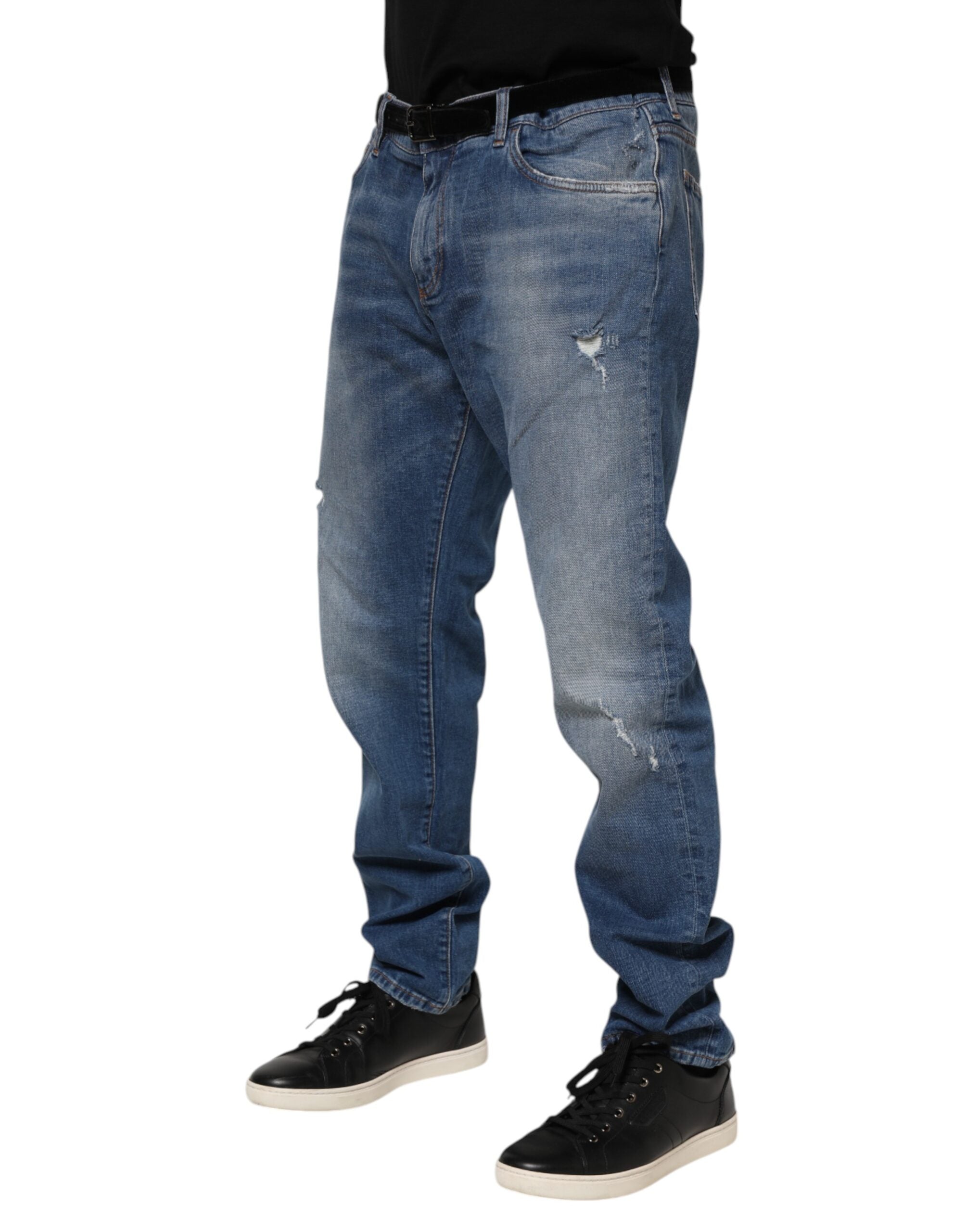 Jean en denim bleu délavé avec plaque logo Dolce &amp; Gabbana