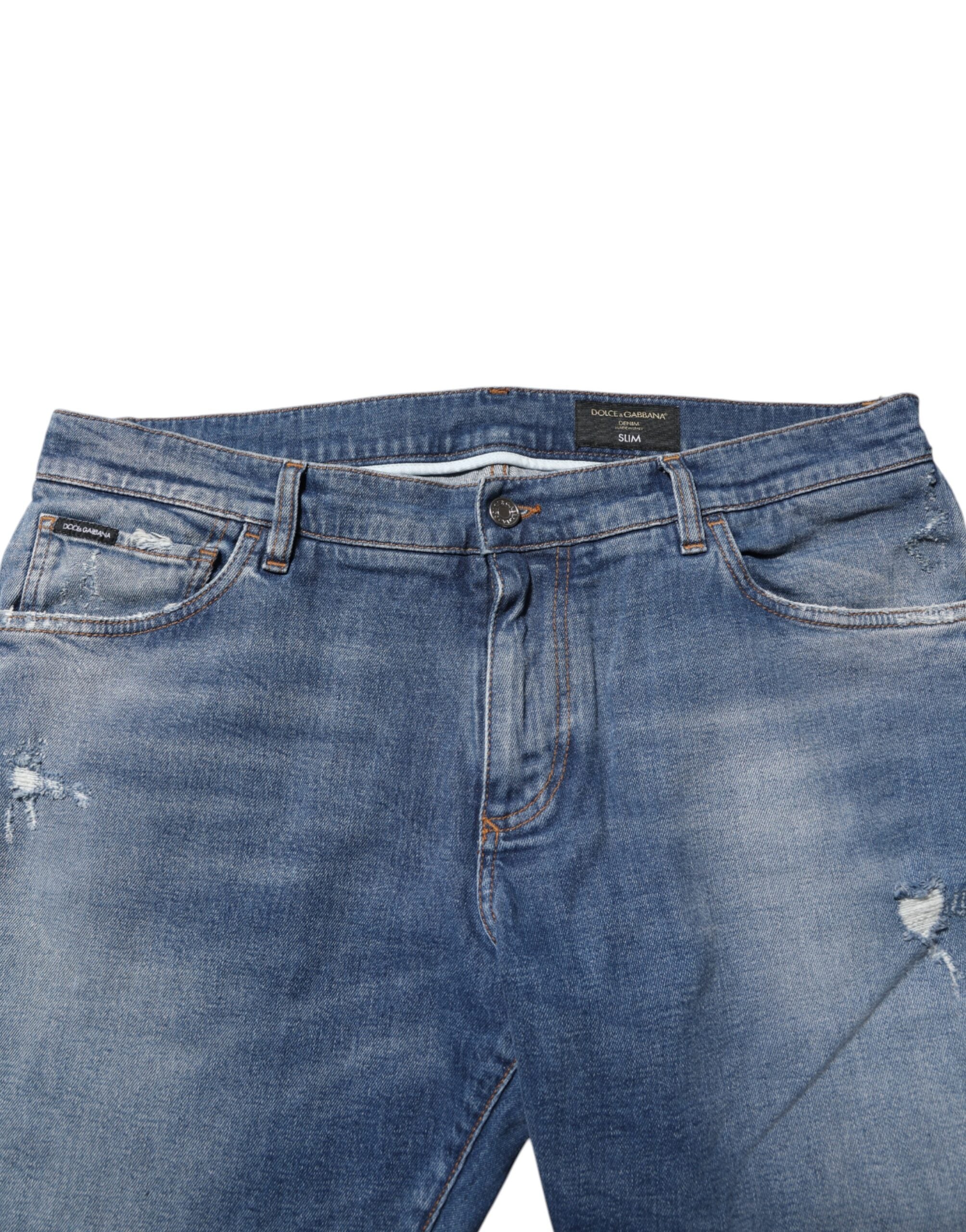Jean en denim bleu délavé avec plaque logo Dolce &amp; Gabbana