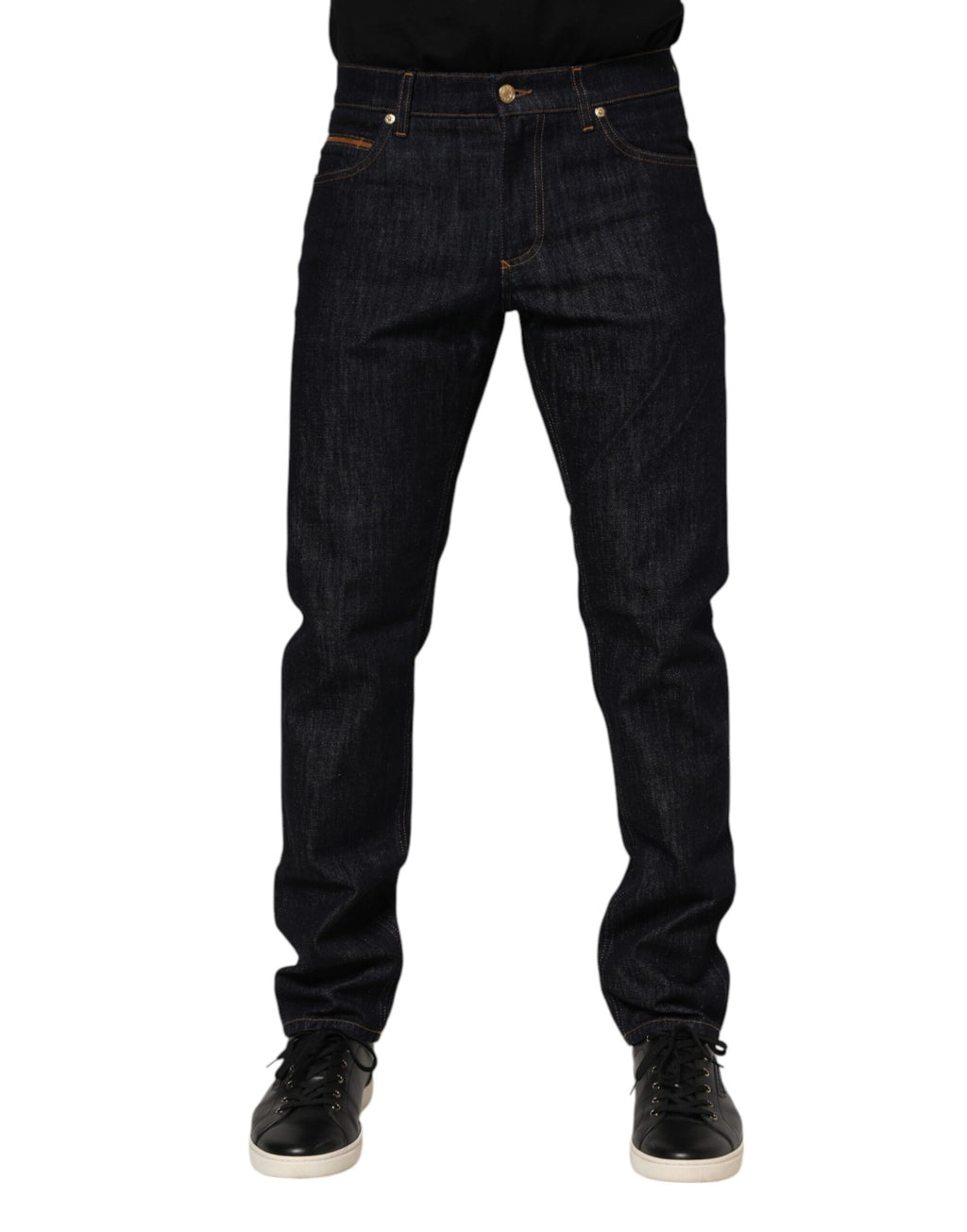 Jean en denim bleu foncé avec plaque logo Dolce &amp; Gabbana pour homme