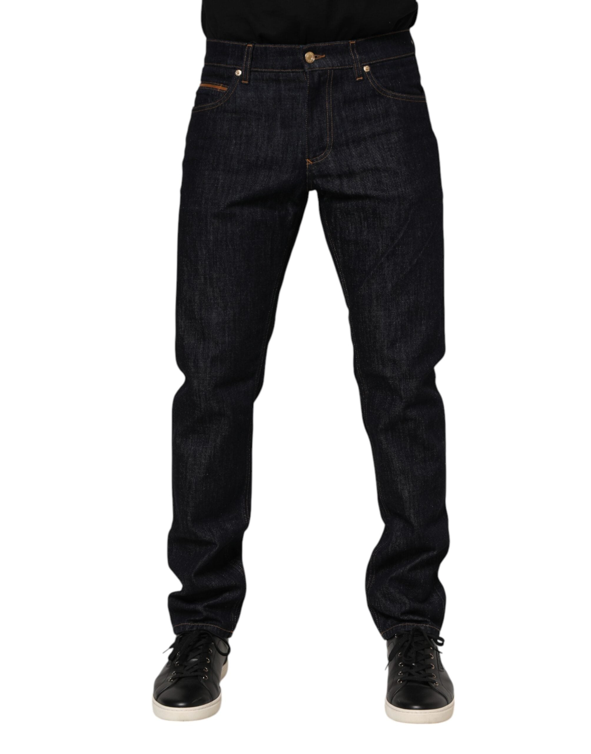 Jean en denim bleu foncé avec plaque logo Dolce &amp; Gabbana pour homme