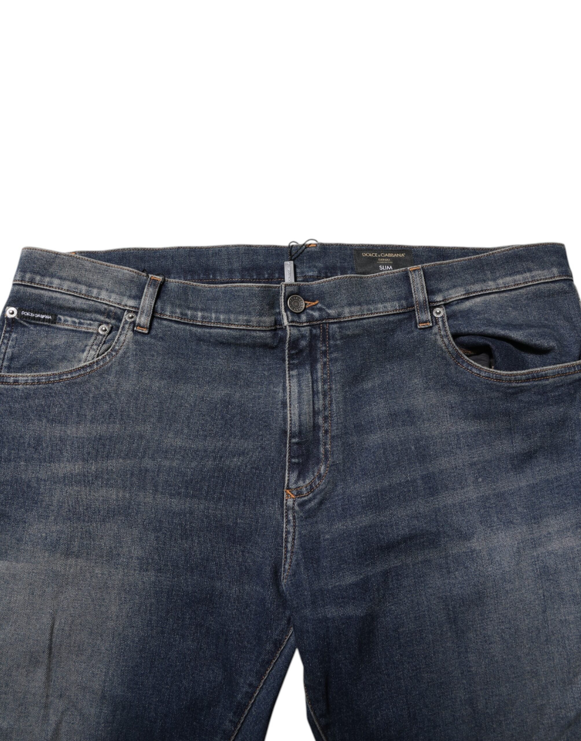 Jean slim en coton bleu avec plaque logo Dolce &amp; Gabbana