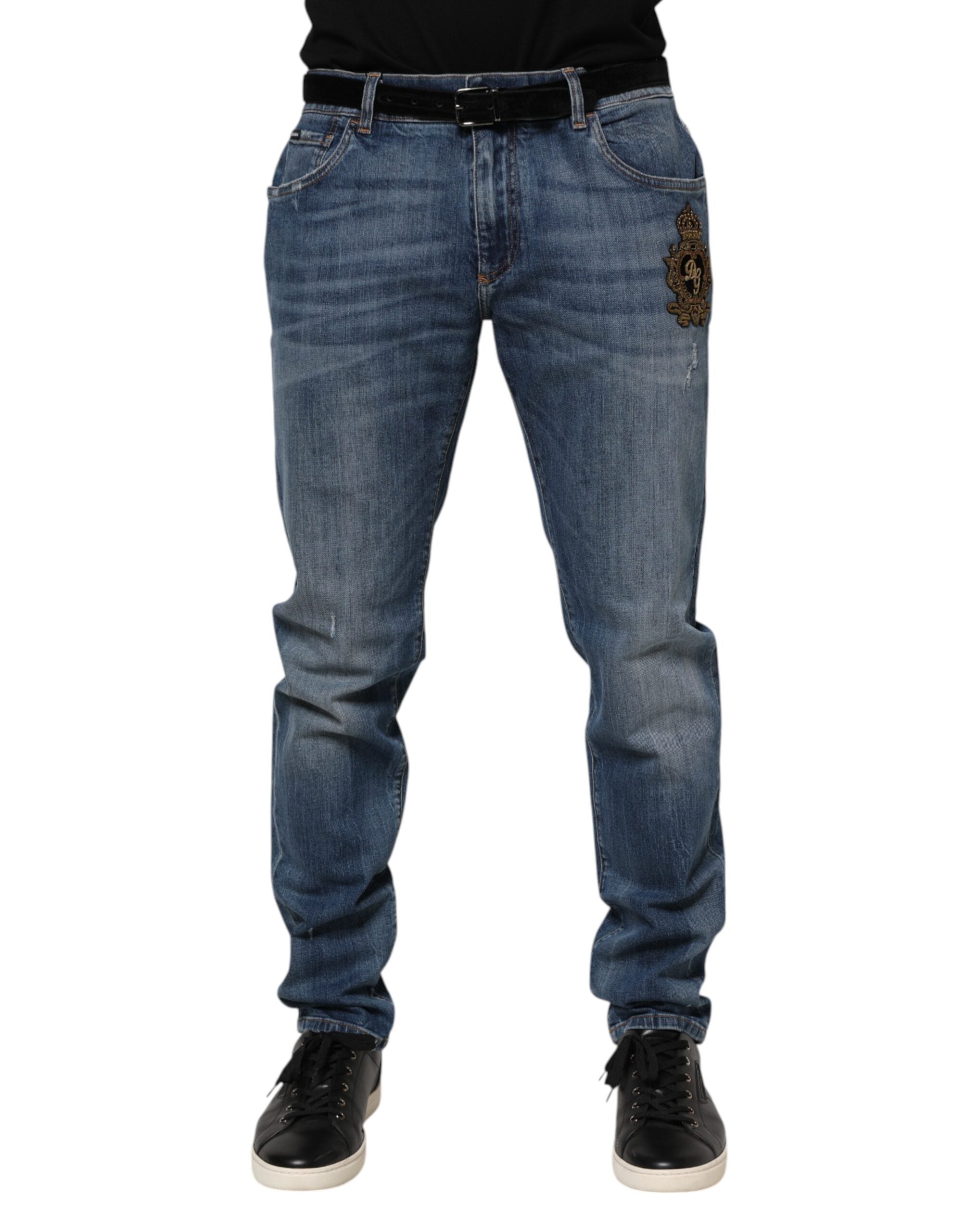 Jean en denim bleu avec logo brodé Dolce &amp; Gabbana