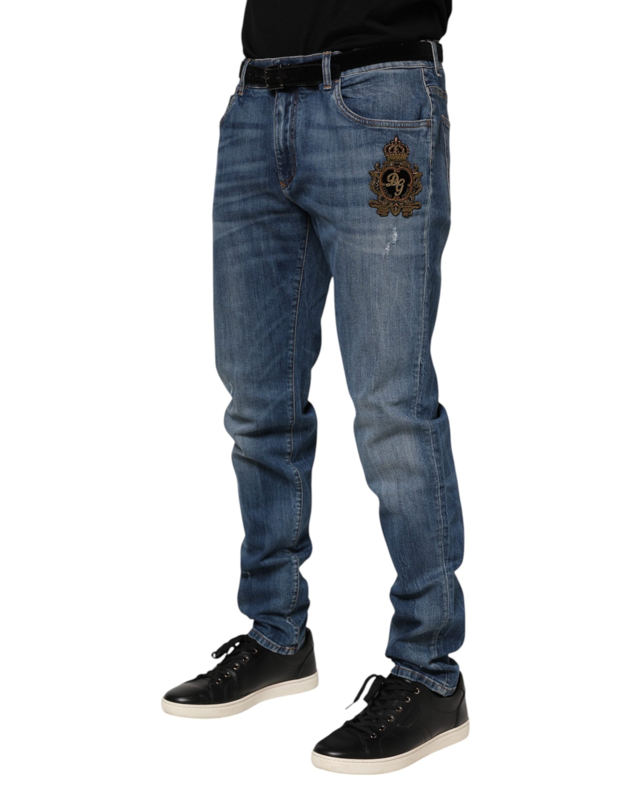 Jean en denim bleu avec logo brodé Dolce &amp; Gabbana
