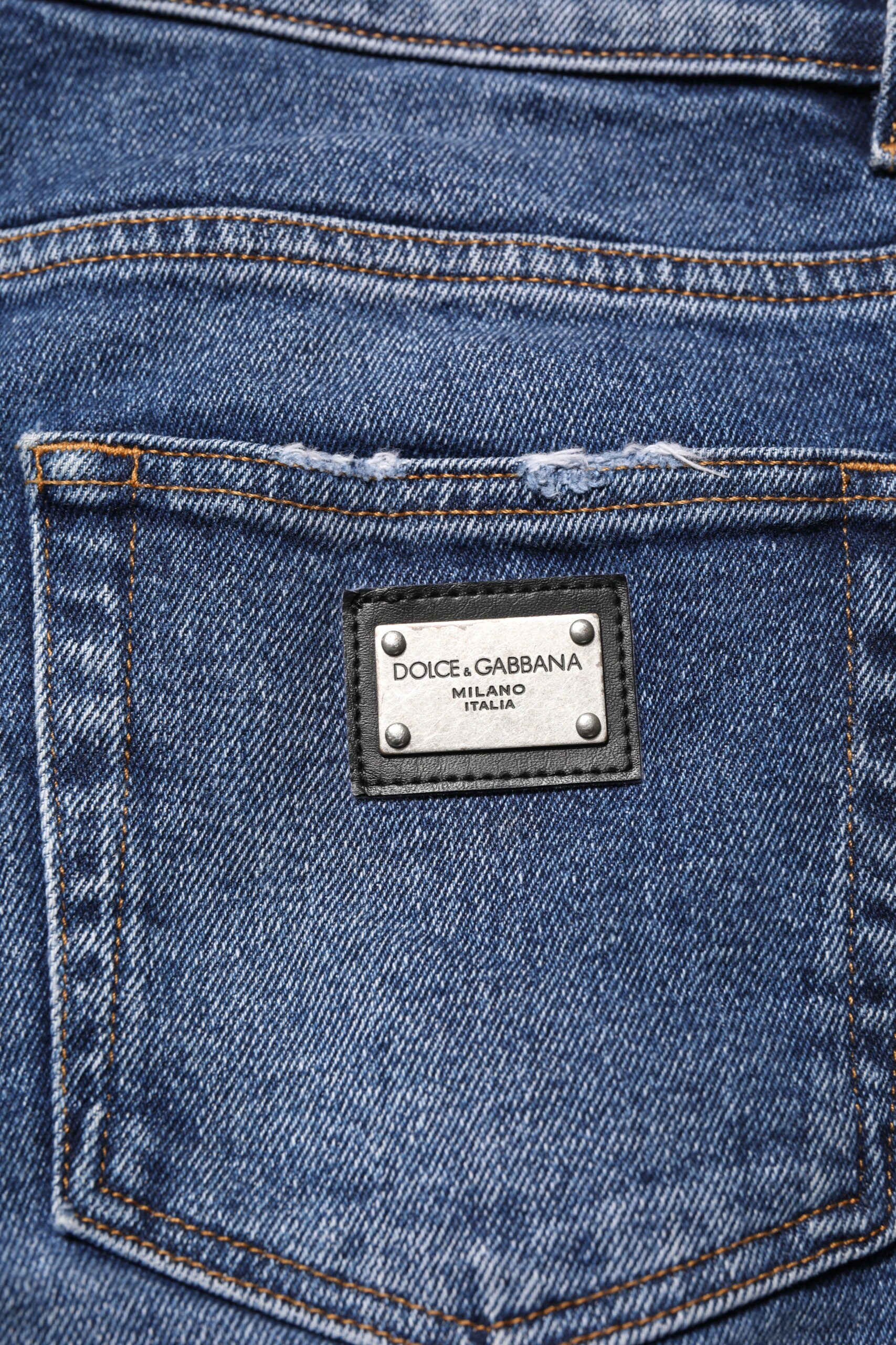 Jean skinny en coton bleu avec plaque logo Dolce &amp; Gabbana pour homme