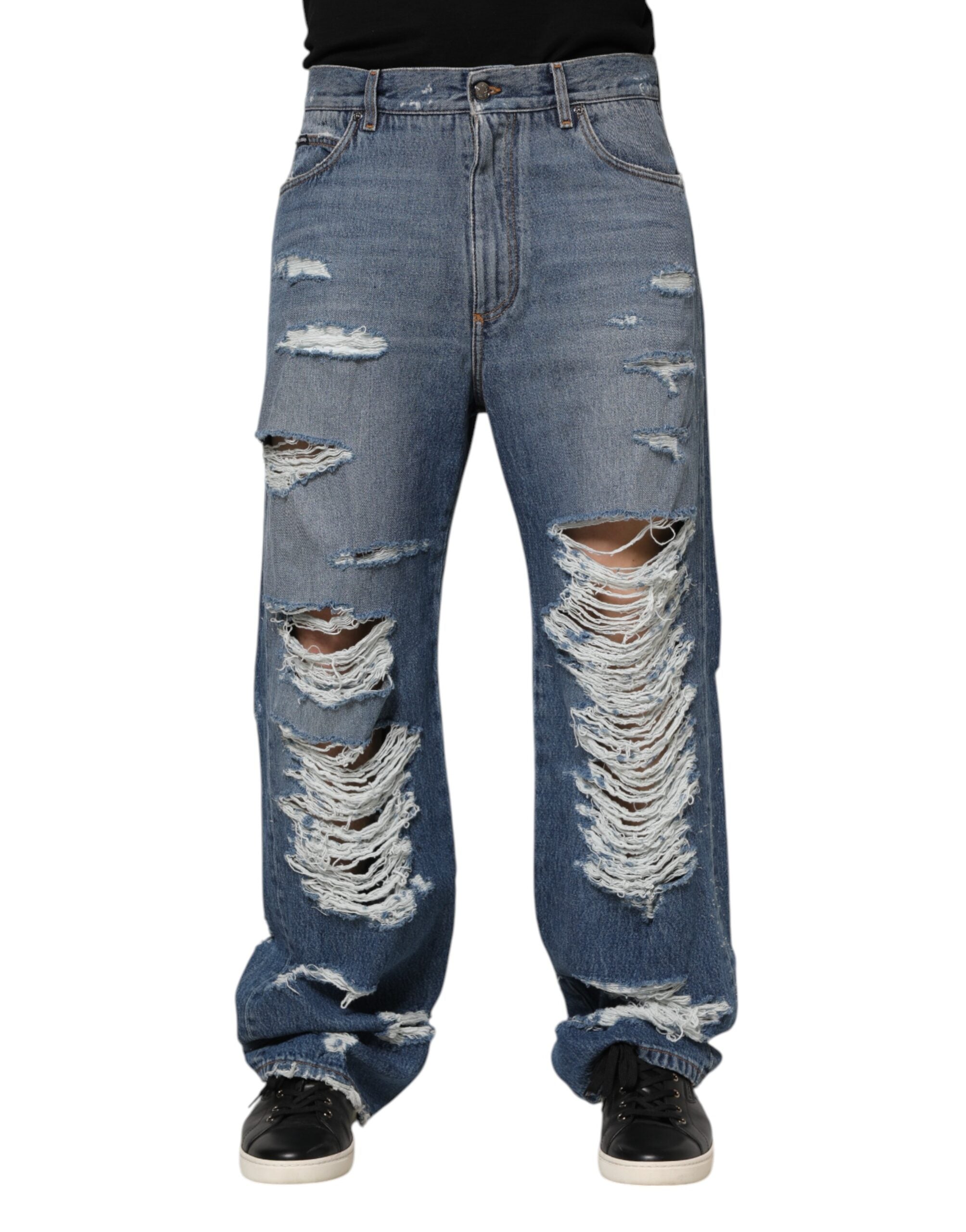 Jean en denim bleu à plaque logo Dolce &amp; Gabbana en coton déchiré