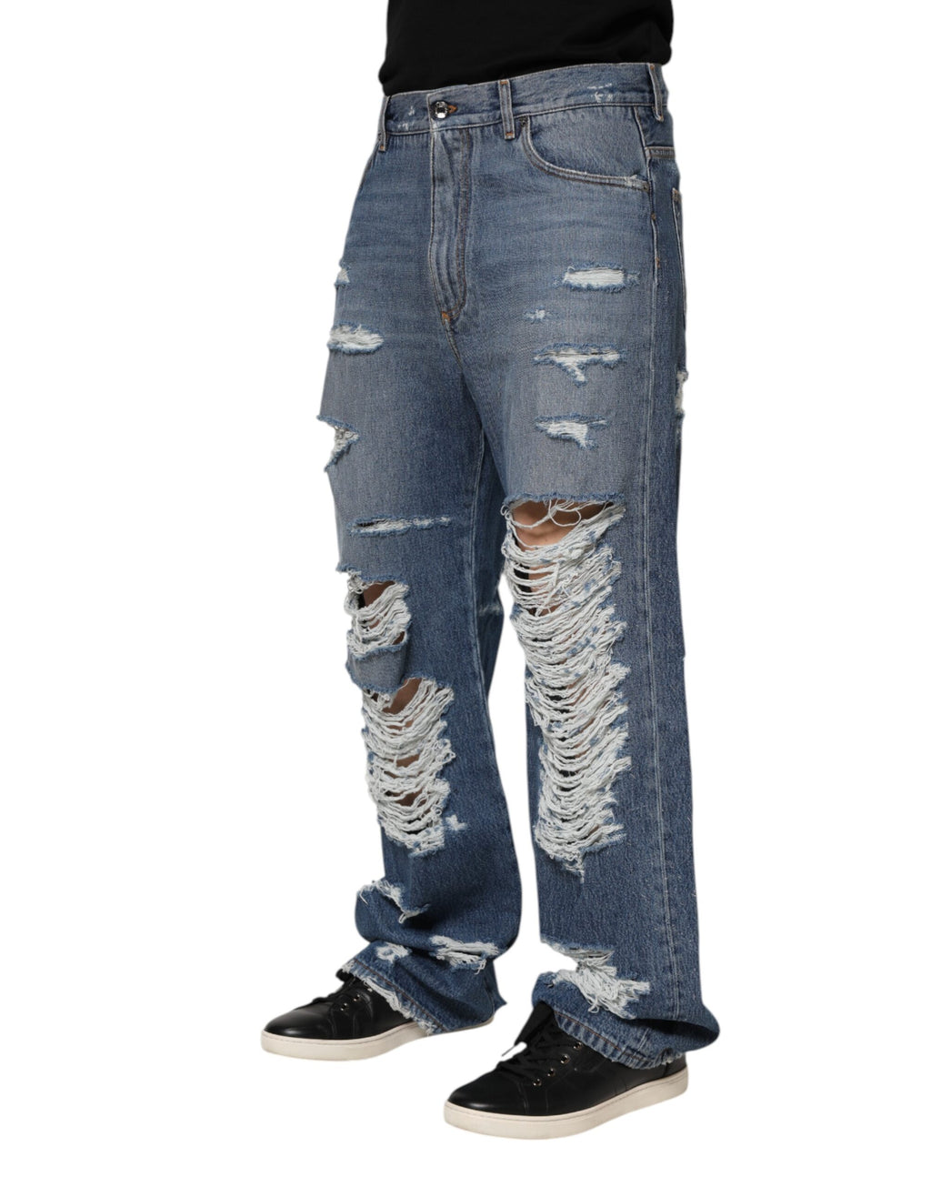 Jean en denim bleu à plaque logo Dolce &amp; Gabbana en coton déchiré