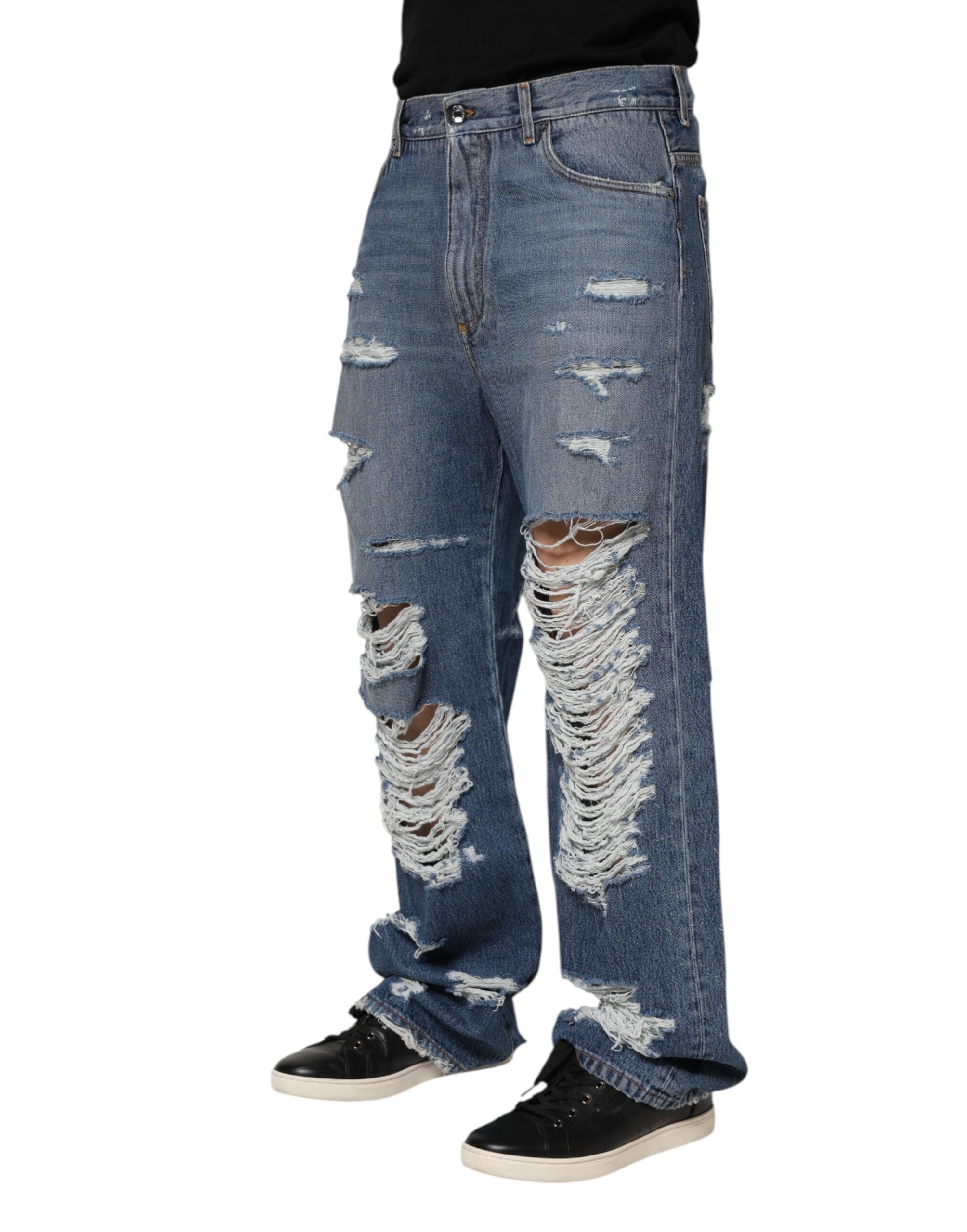 Jean en denim bleu à plaque logo Dolce &amp; Gabbana en coton déchiré