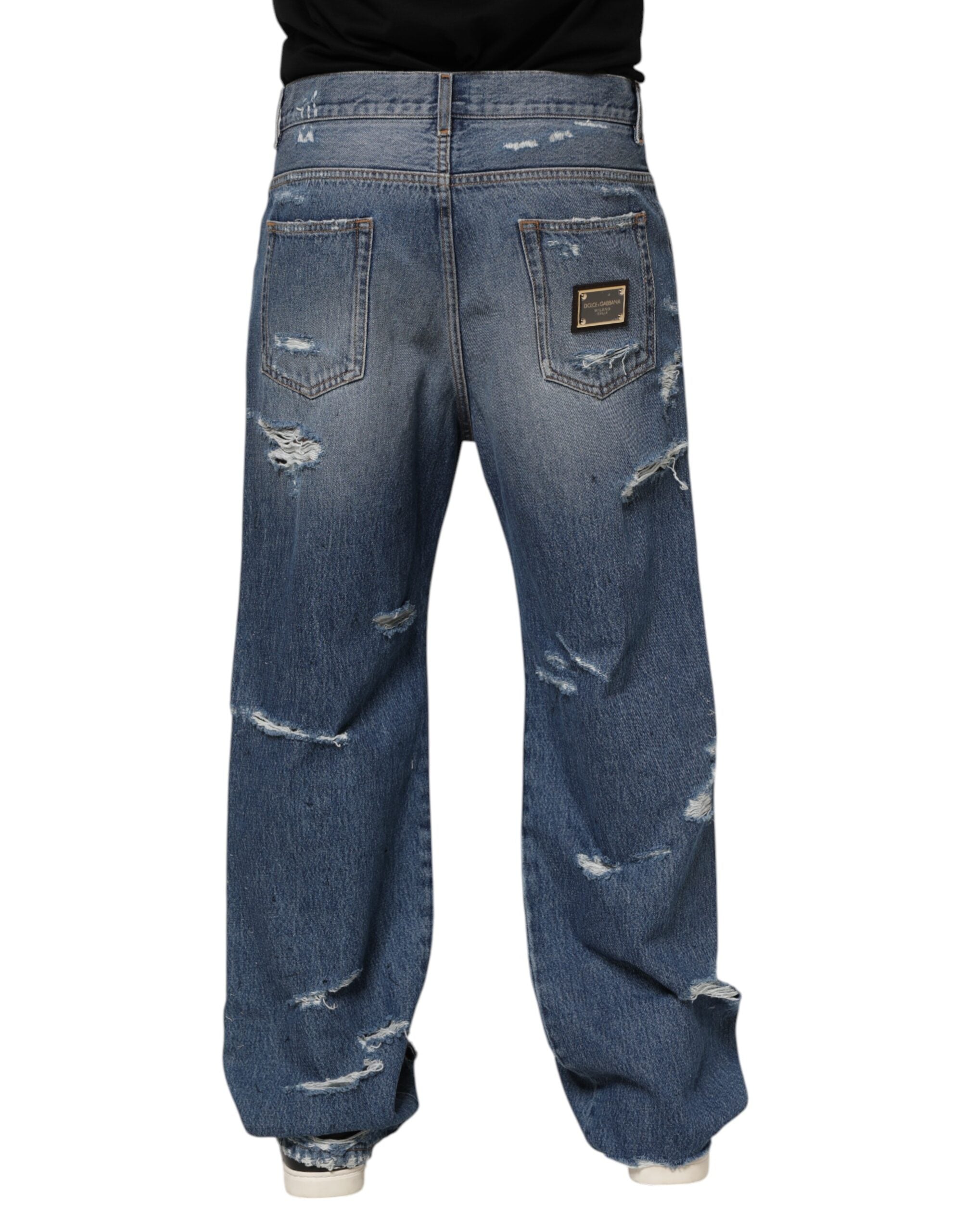 Jean en denim bleu à plaque logo Dolce &amp; Gabbana en coton déchiré