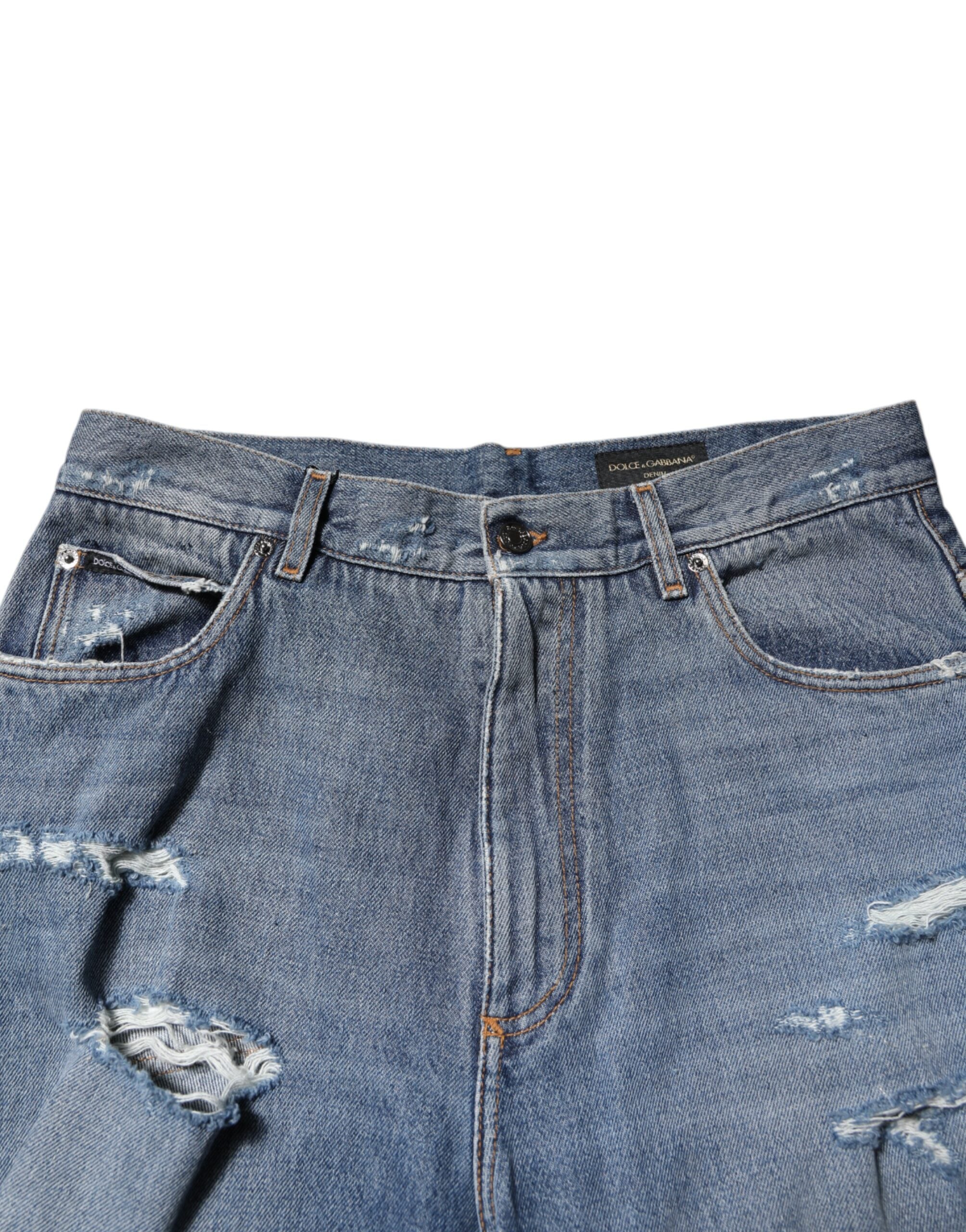 Jean en denim bleu à plaque logo Dolce &amp; Gabbana en coton déchiré