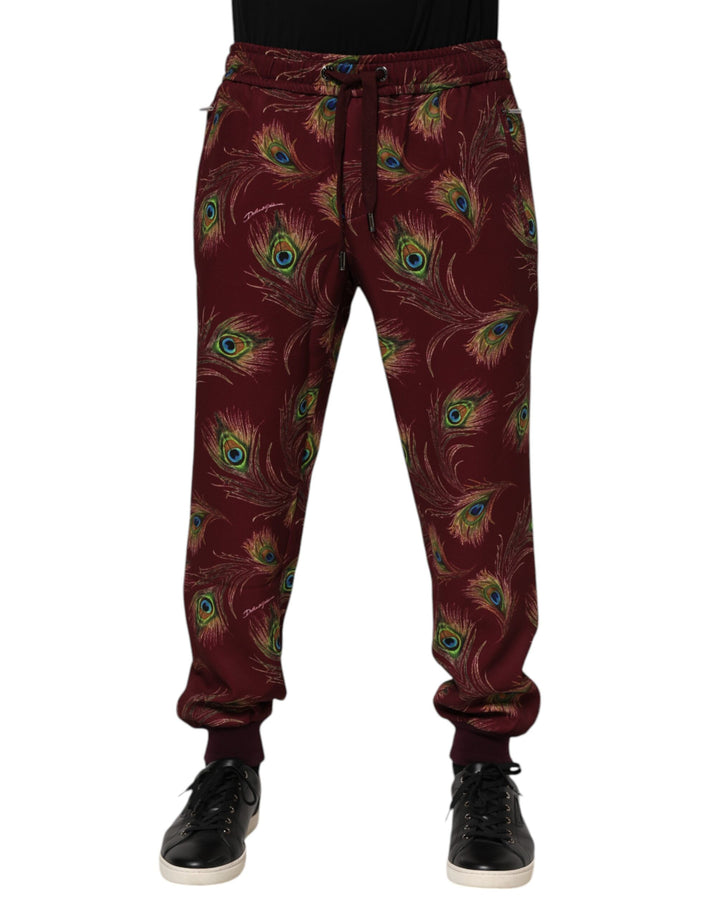 Dolce & Gabbana Burgundy Peacock Feather Print Jogger Pants