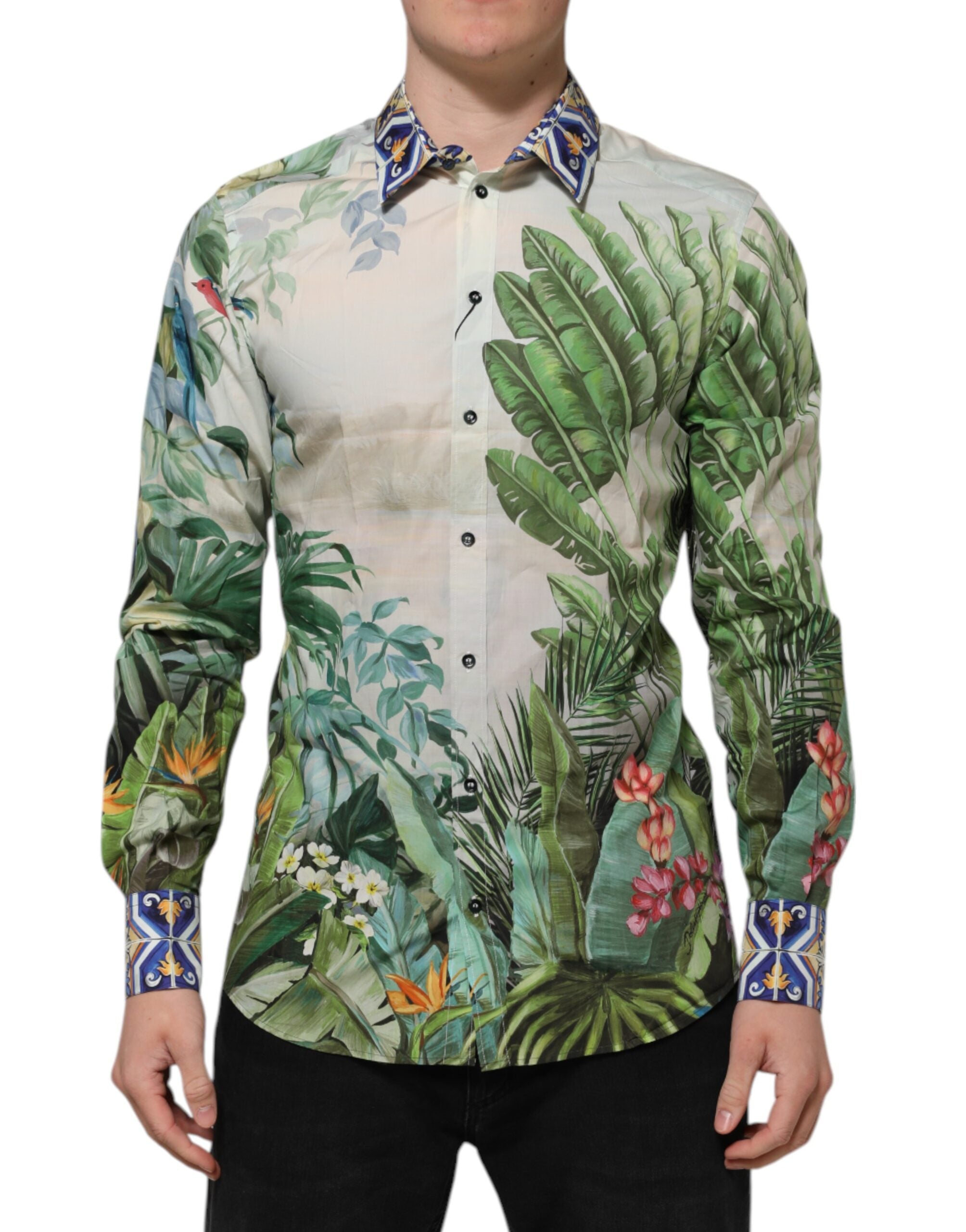Dolce &amp; Gabbana – Formelles Hemd in Gold mit mehrfarbigem Dschungel-Print