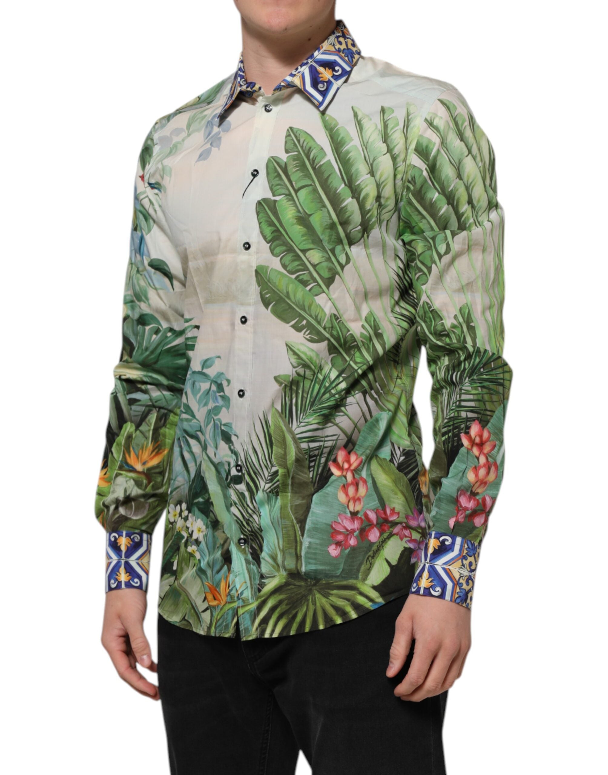 Dolce &amp; Gabbana – Formelles Hemd in Gold mit mehrfarbigem Dschungel-Print