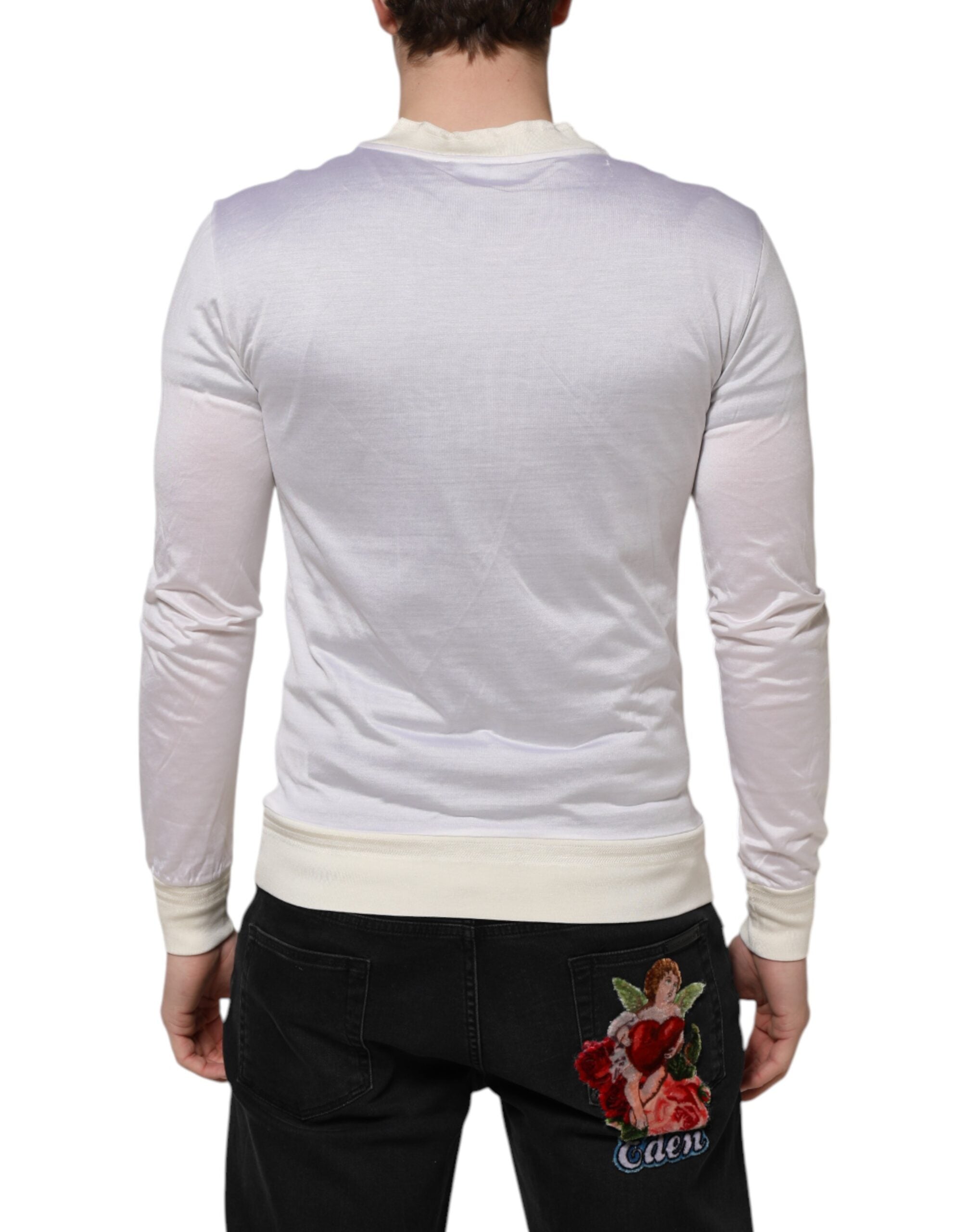 T-shirt ras du cou en soie blanche à manches longues Dolce &amp; Gabbana