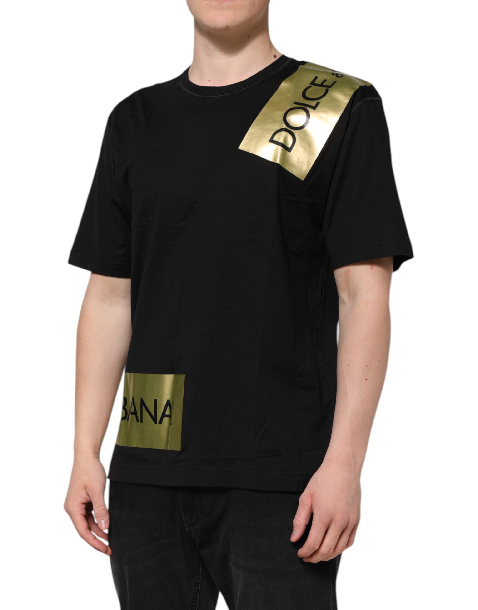 T-shirt ras du cou en coton noir avec bande logo Dolce &amp; Gabbana pour homme