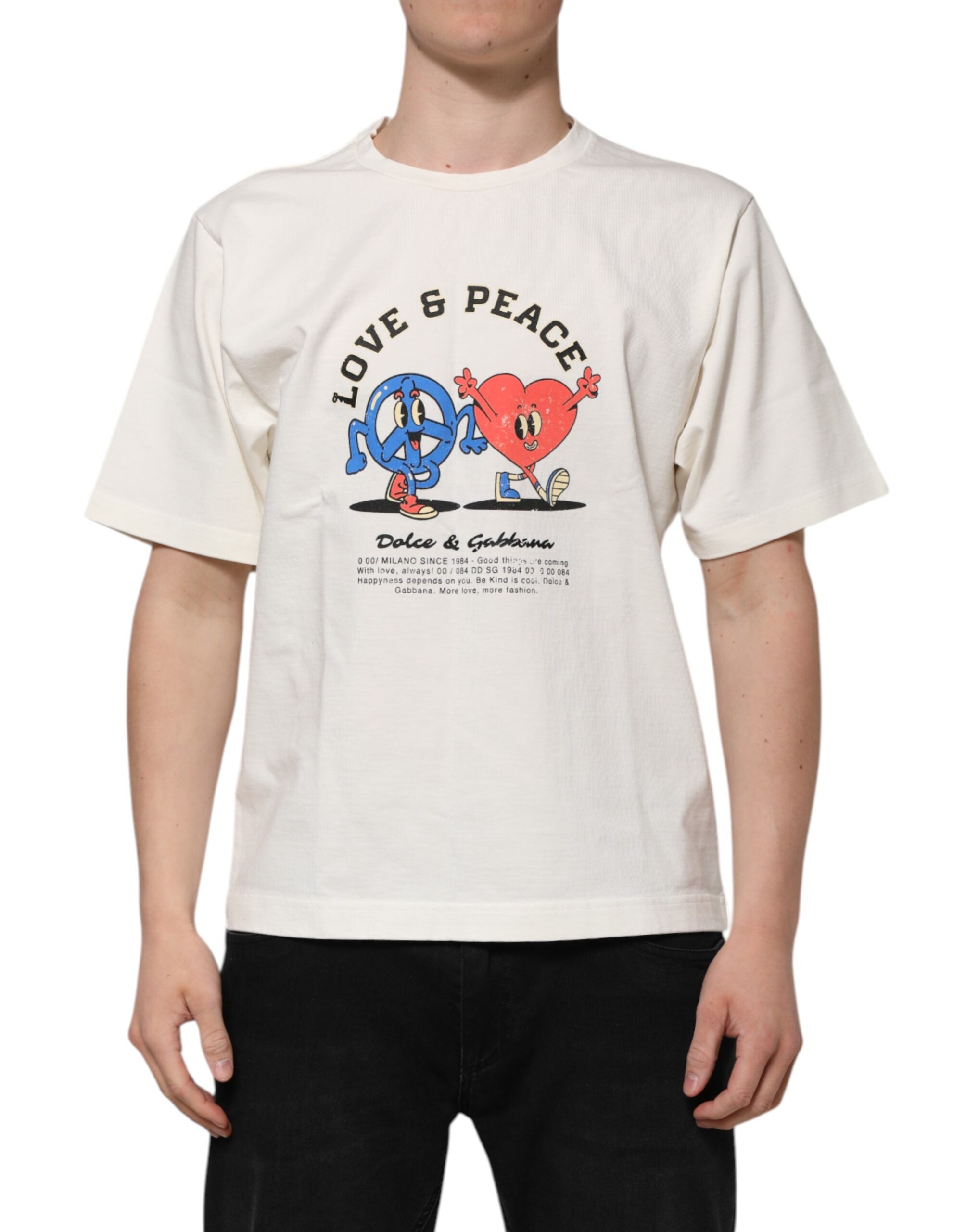 T-shirt ras du cou en coton blanc Dolce &amp; Gabbana Love Peace pour homme