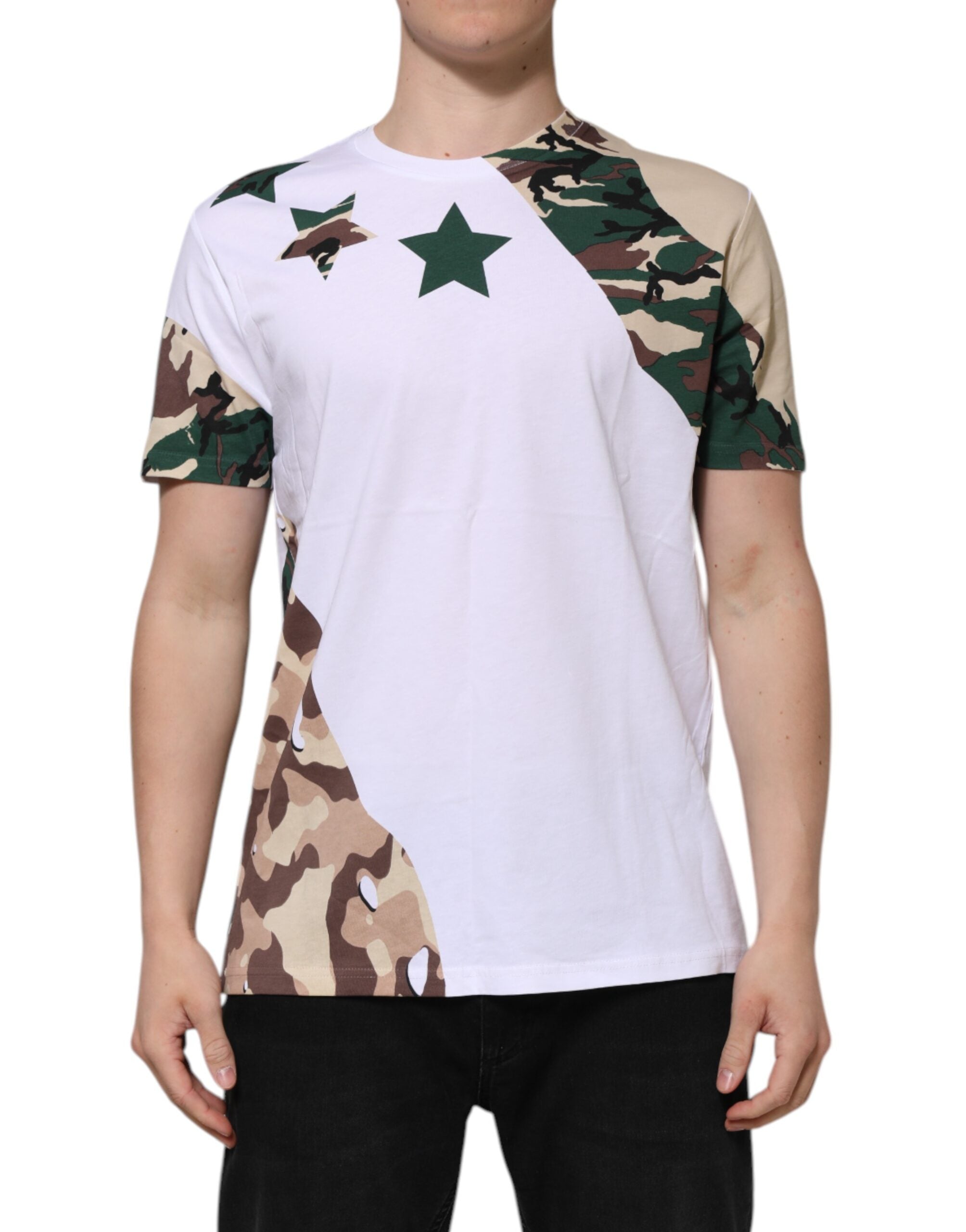 T-shirt ras du cou en coton camouflage blanc Dolce &amp; Gabbana pour homme