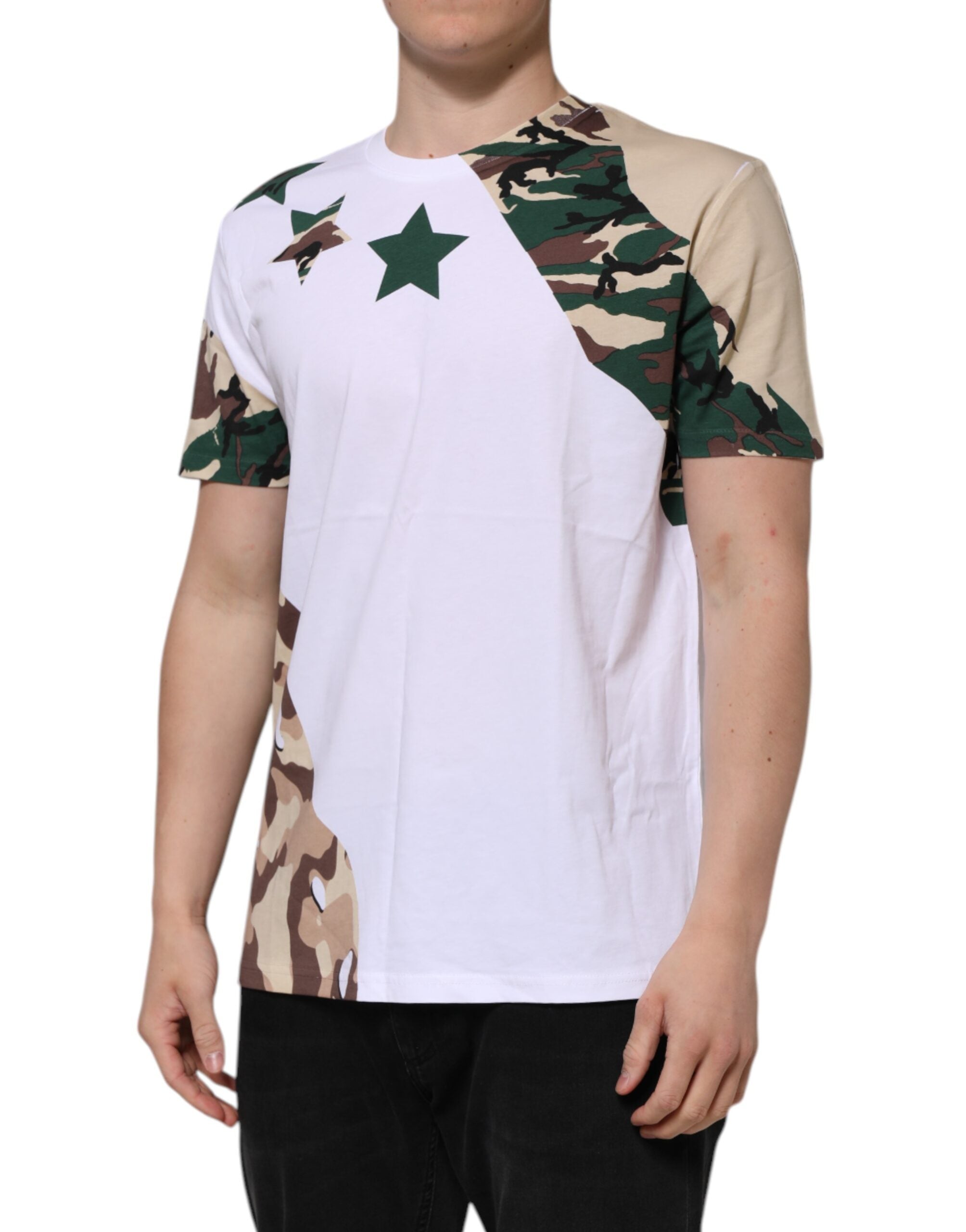T-shirt ras du cou en coton camouflage blanc Dolce &amp; Gabbana pour homme