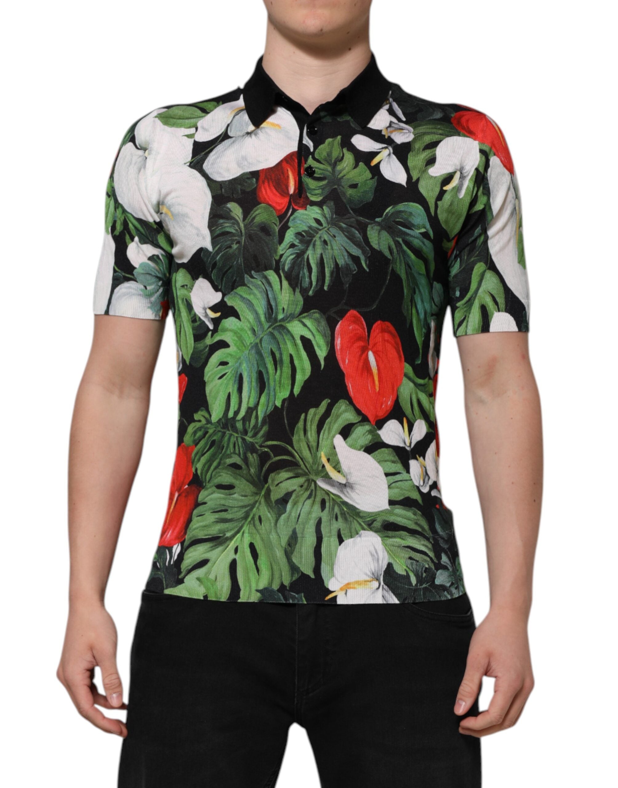 Dolce &amp; Gabbana – Mehrfarbiges Poloshirt aus Seide mit Blumenmuster und Kragen