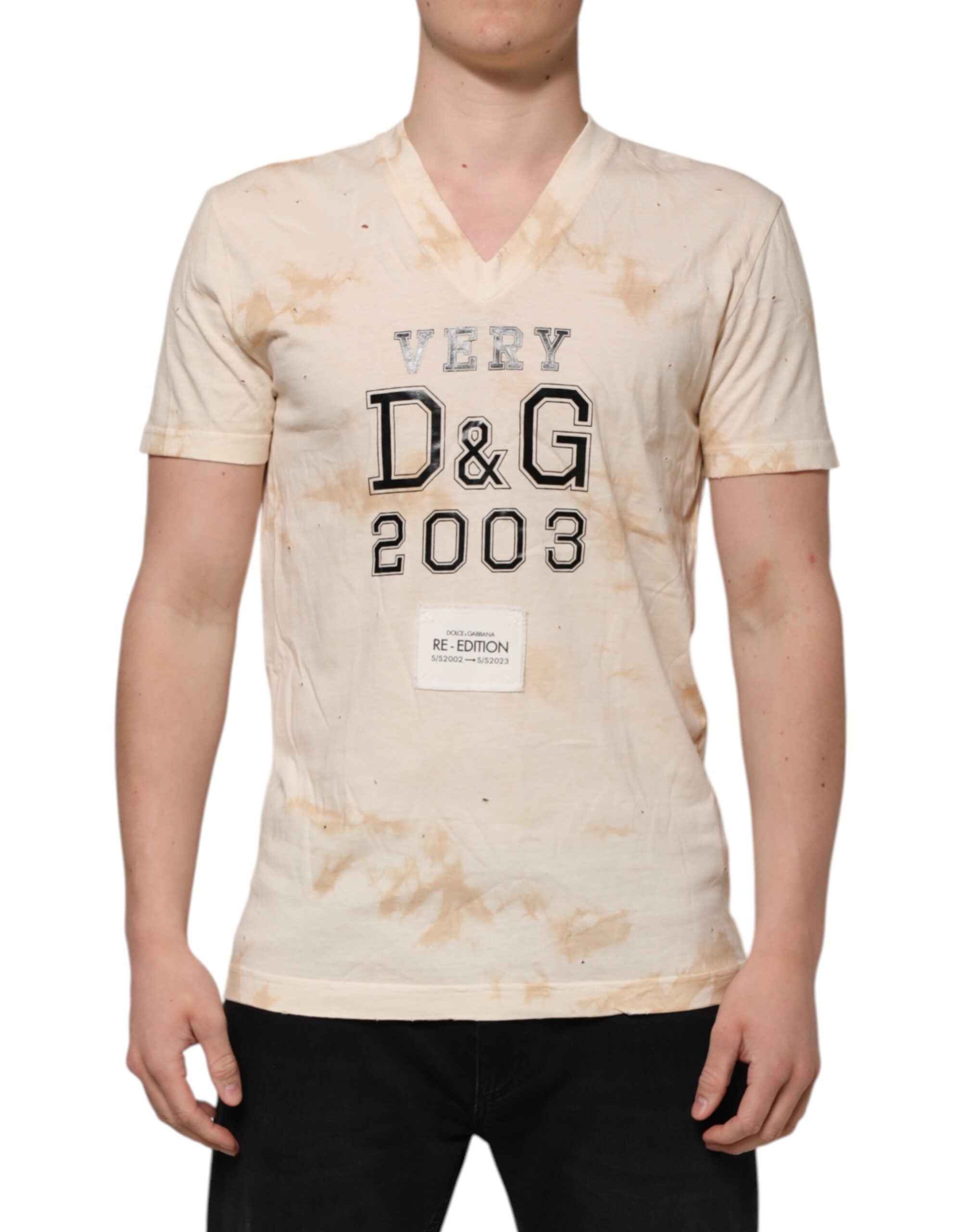 T-shirt à manches courtes et col en V avec imprimé logo beige Dolce &amp; Gabbana