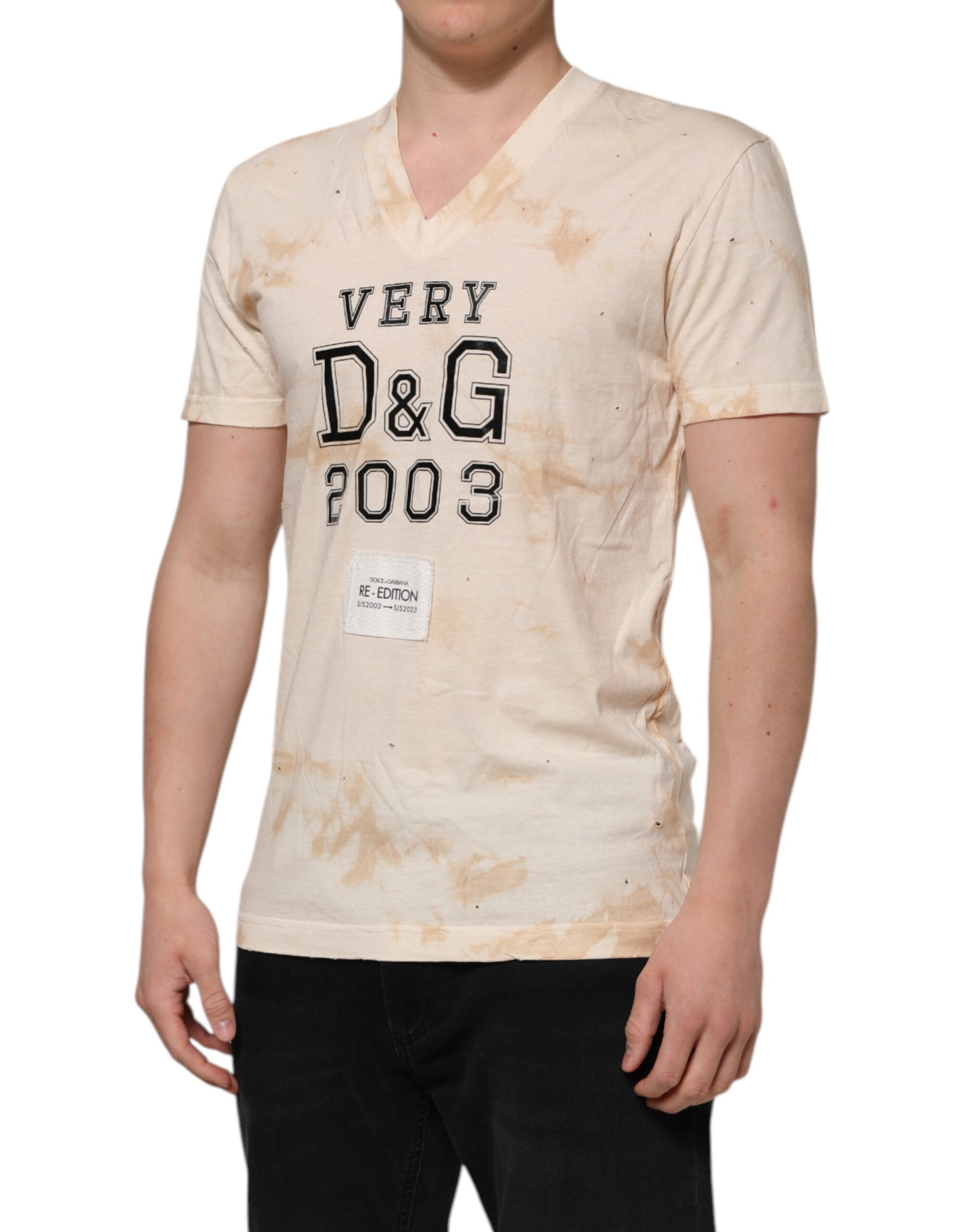 T-shirt à manches courtes et col en V avec imprimé logo beige Dolce &amp; Gabbana