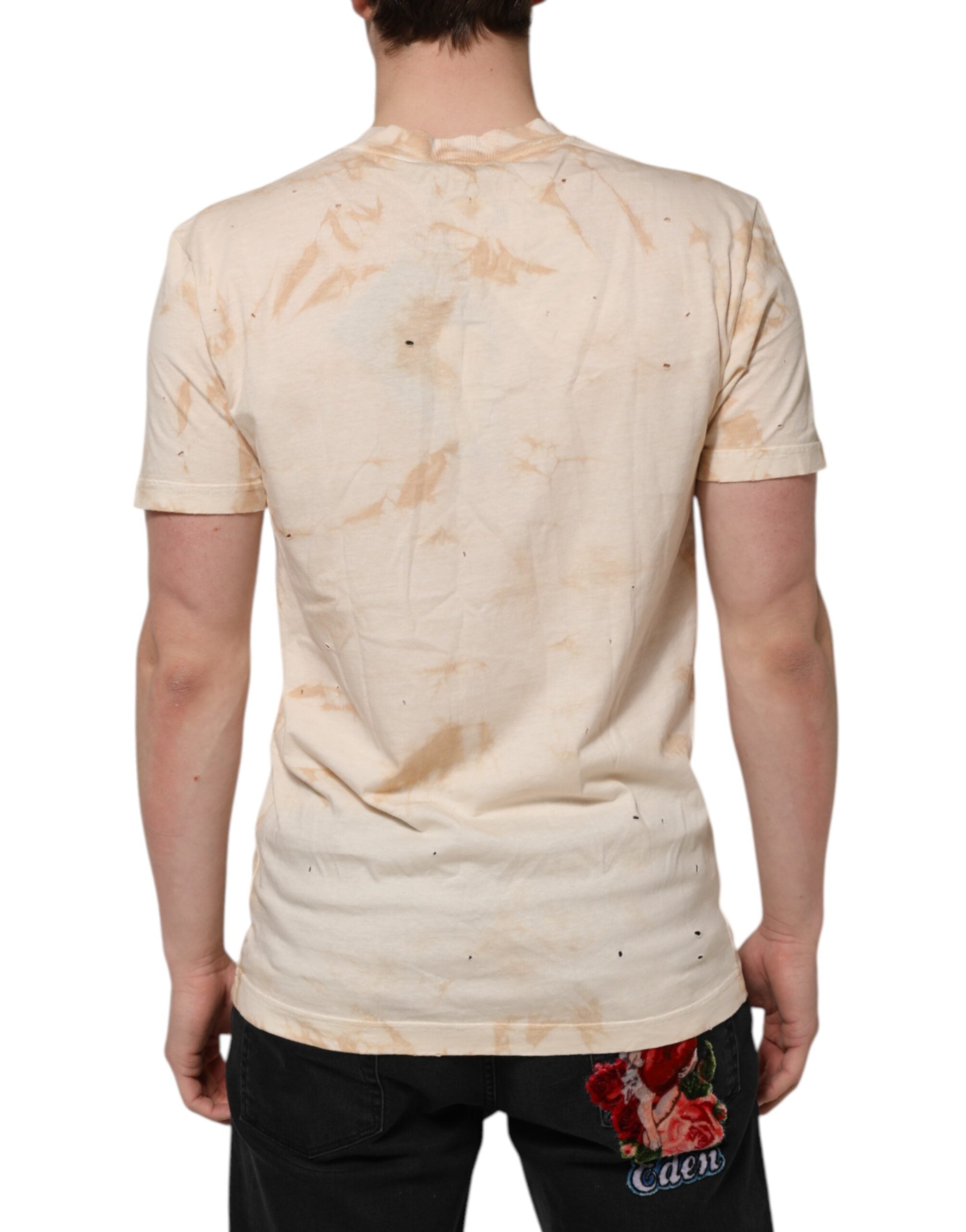 T-shirt à manches courtes et col en V avec imprimé logo beige Dolce &amp; Gabbana