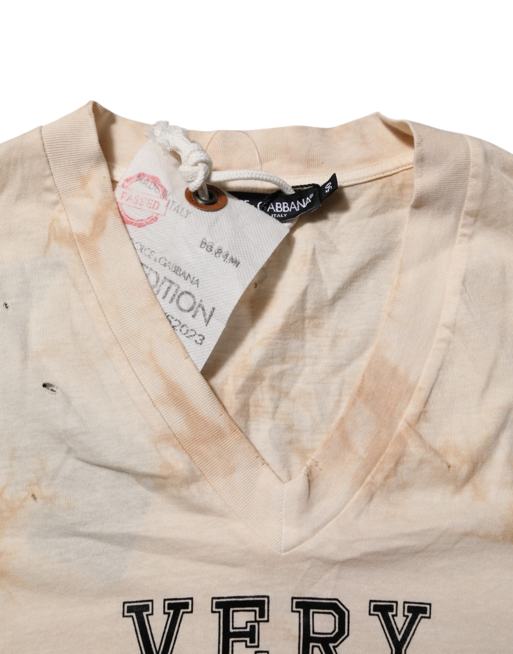 T-shirt à manches courtes et col en V avec imprimé logo beige Dolce &amp; Gabbana