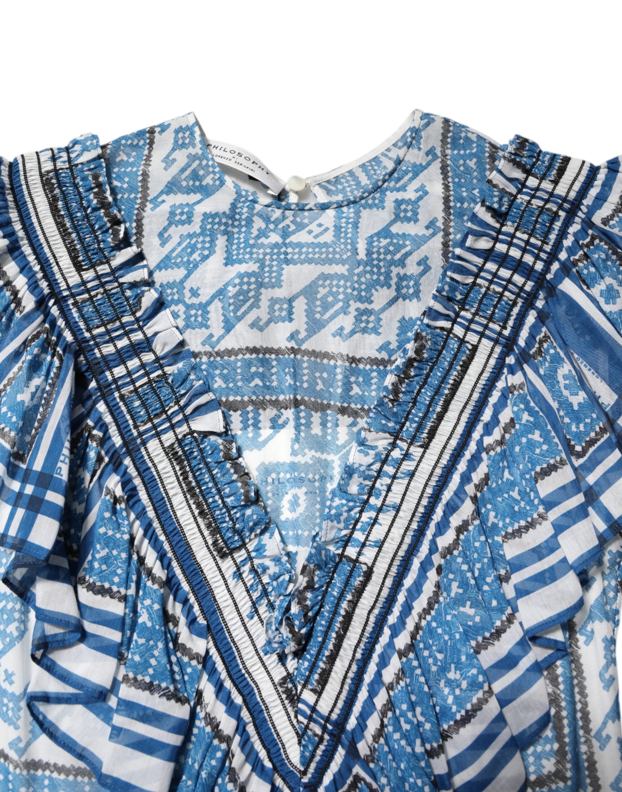 Philosophy di Lorenzo Serafini – Blau gemustertes, mehrlagiges Minikleid mit kurzen Ärmeln