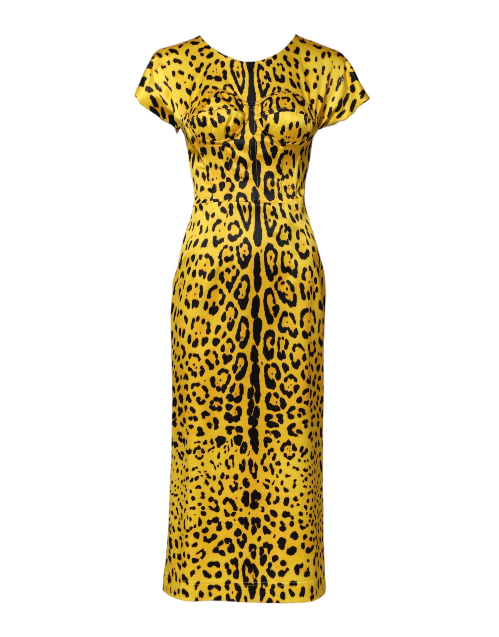 Dolce &amp; Gabbana – Gelbes Midi-Etuikleid aus Polyester mit Leopardenmuster