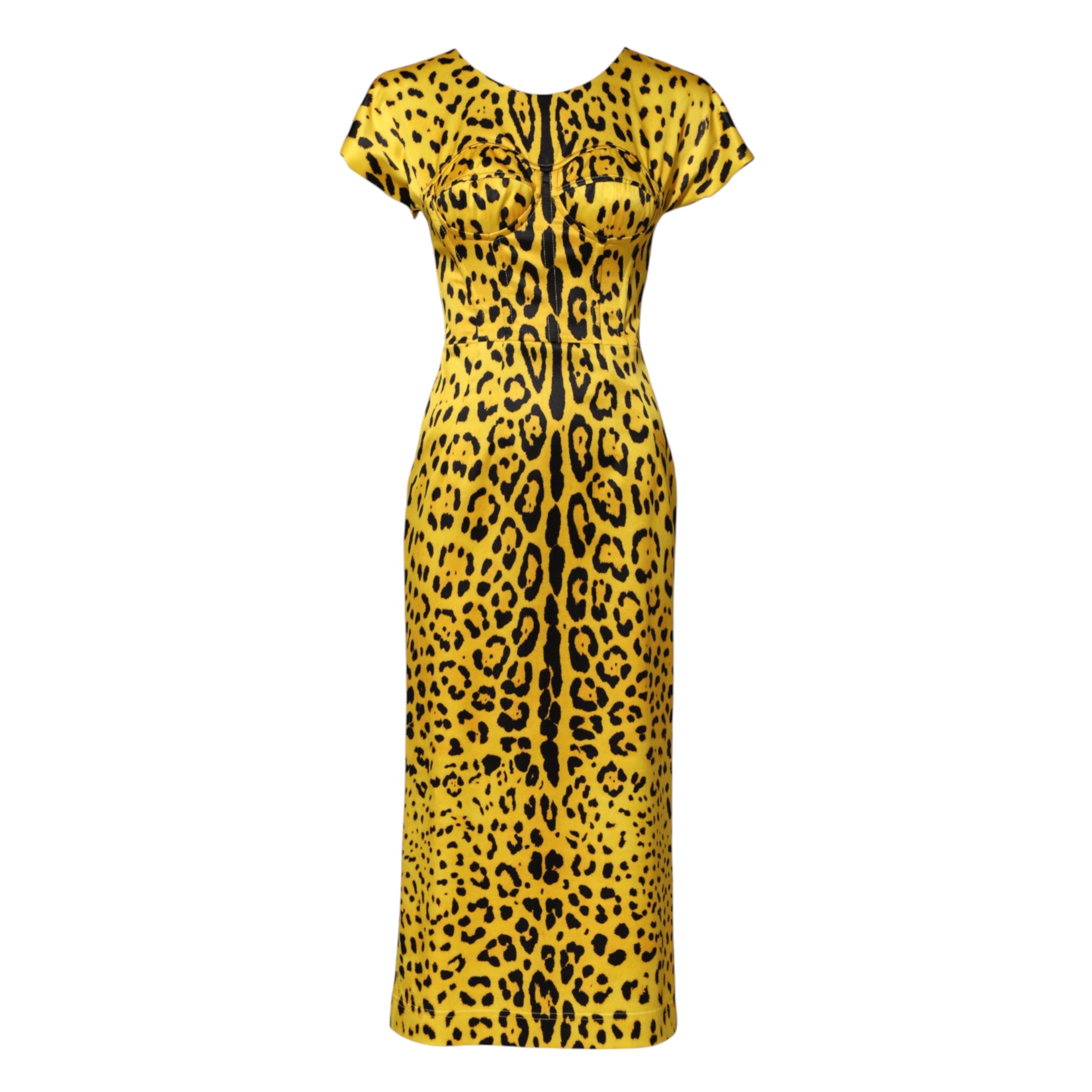 Dolce &amp; Gabbana – Gelbes Midi-Etuikleid aus Polyester mit Leopardenmuster