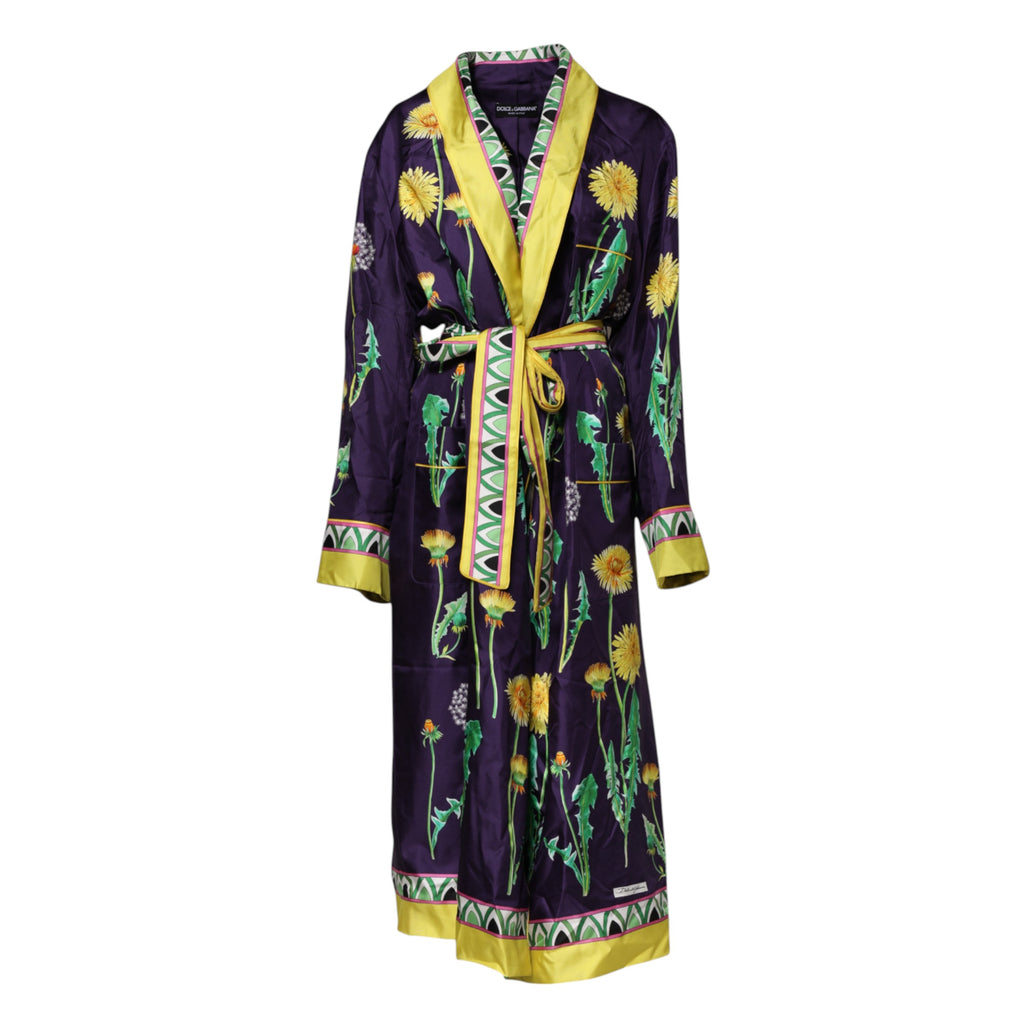 Dolce &amp; Gabbana – Blauer Wickelmantel aus Seide mit Blumenmuster und langen Ärmeln