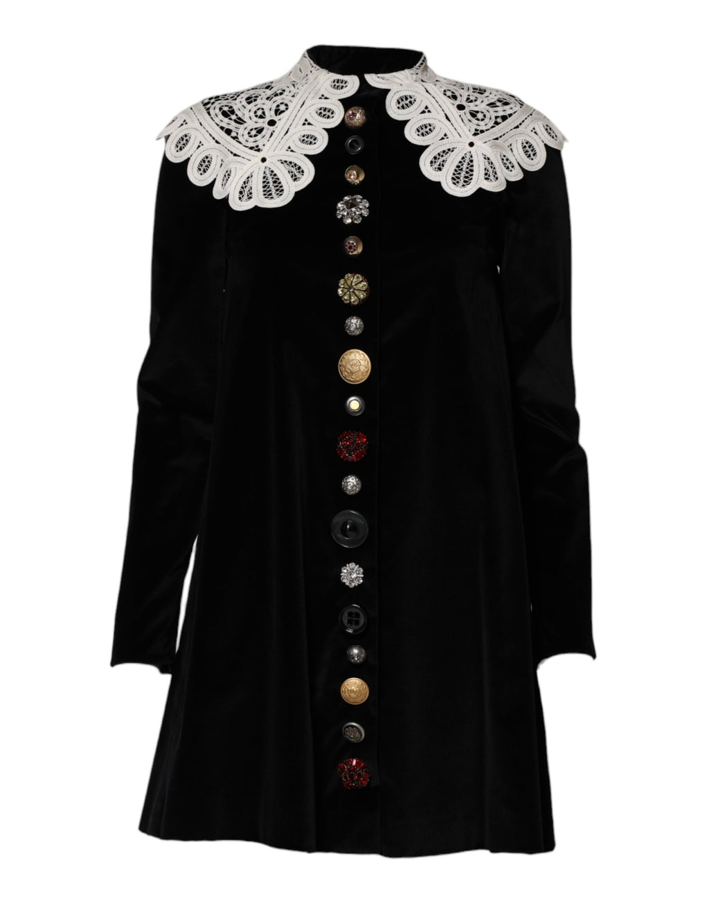 Dolce &amp; Gabbana – Schwarzes Samtkleid mit Spitzenkragen und Verzierung