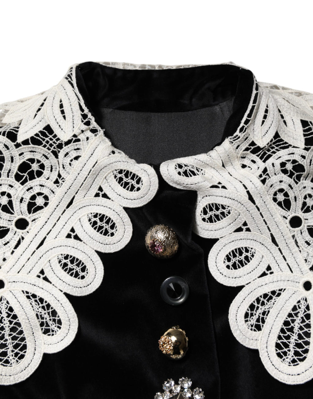 Dolce &amp; Gabbana – Schwarzes Samtkleid mit Spitzenkragen und Verzierung