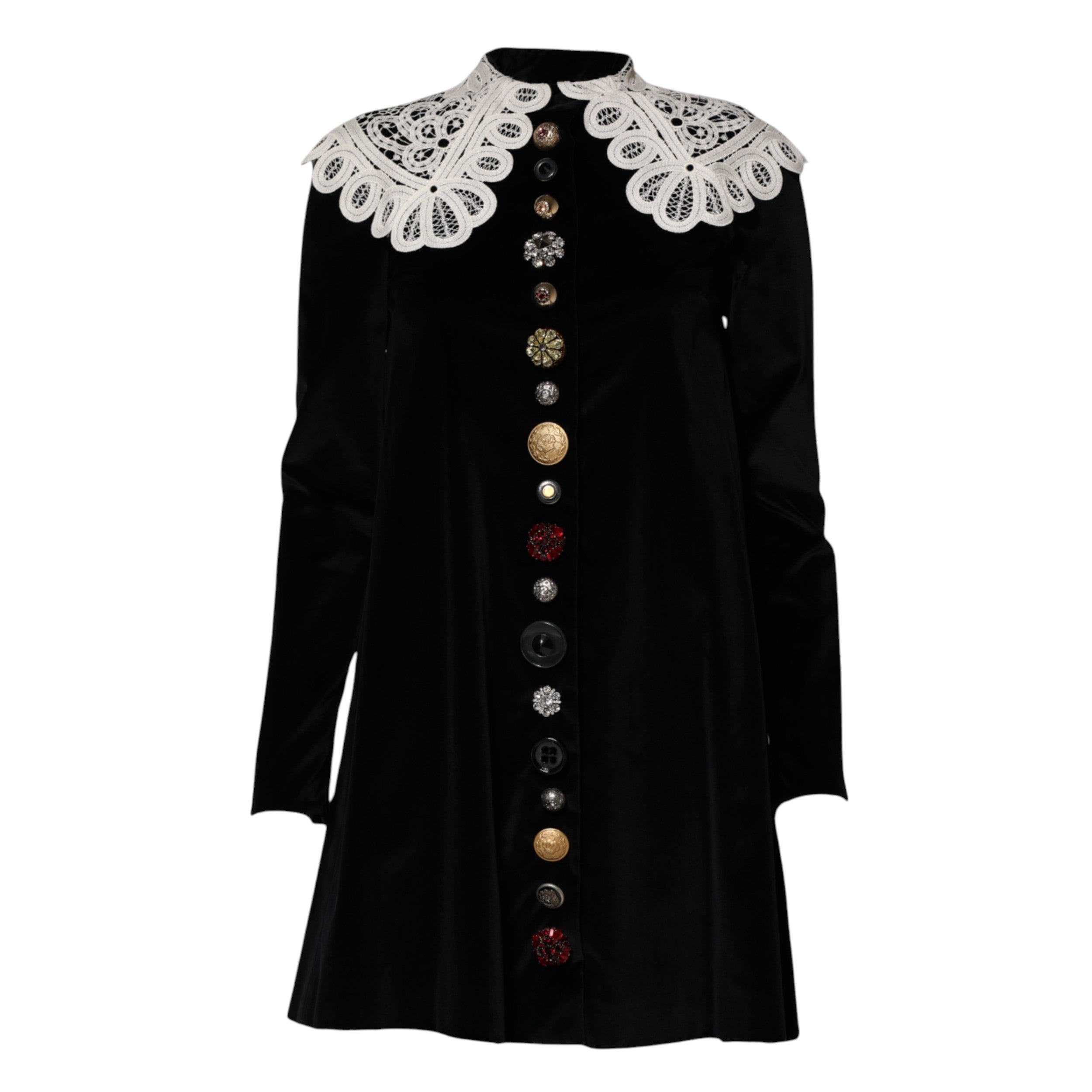 Dolce &amp; Gabbana – Schwarzes Samtkleid mit Spitzenkragen und Verzierung