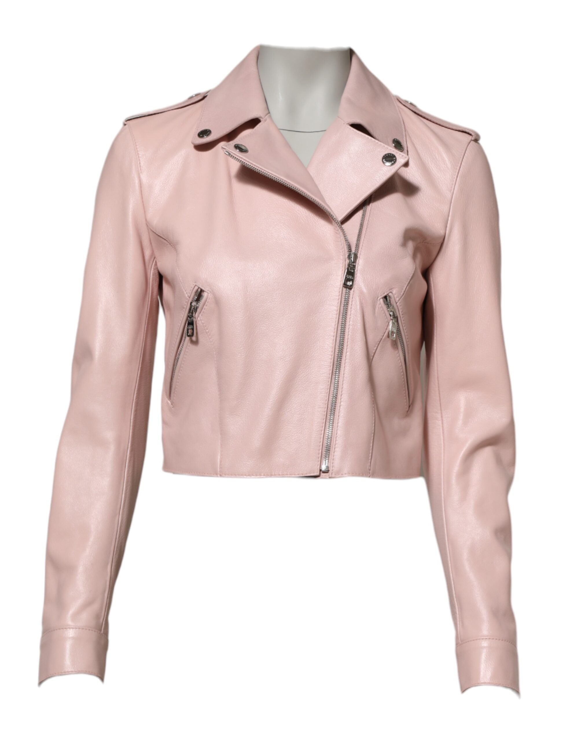 Dolce &amp; Gabbana Veste motard en cuir rose clair à col pour femme